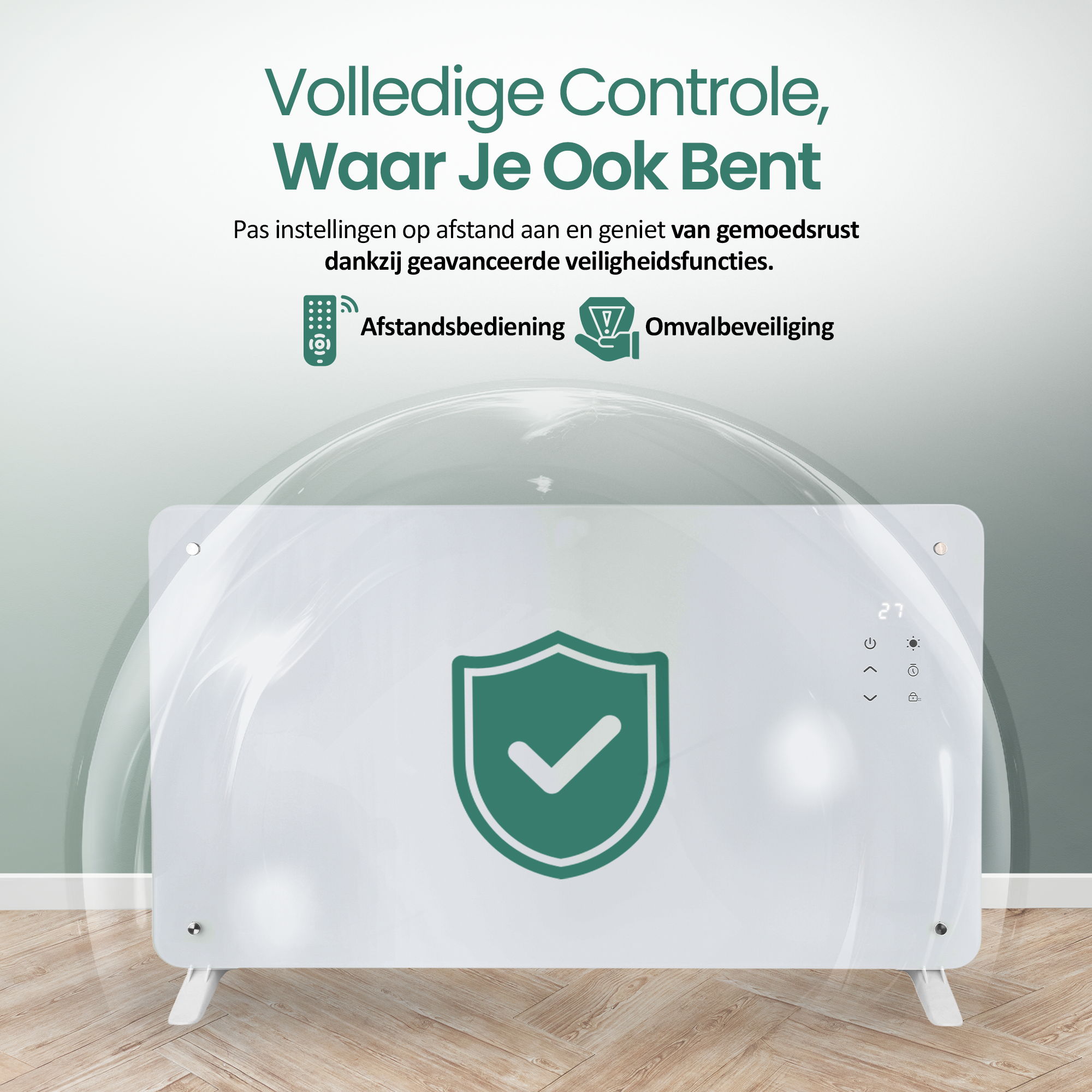 Witte kachel met groen schildpictogram. Tekst: Volledige controle, waar u ook bent. Afstandsbediening en veiligheid.