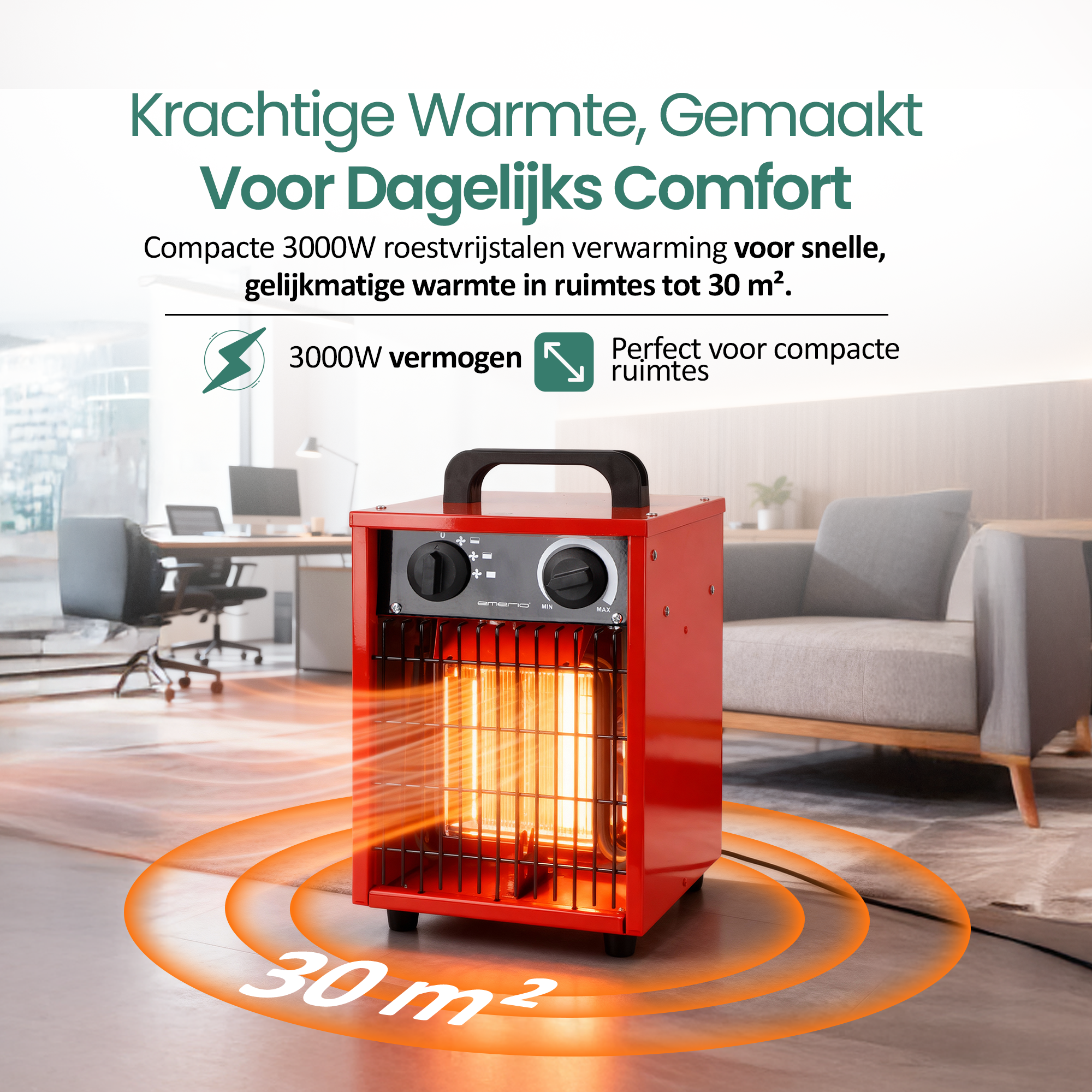 Een rode kachel met bediening staat op de grond. Oranje warmtegolven komen ervan uit. De kamer heeft een bank.