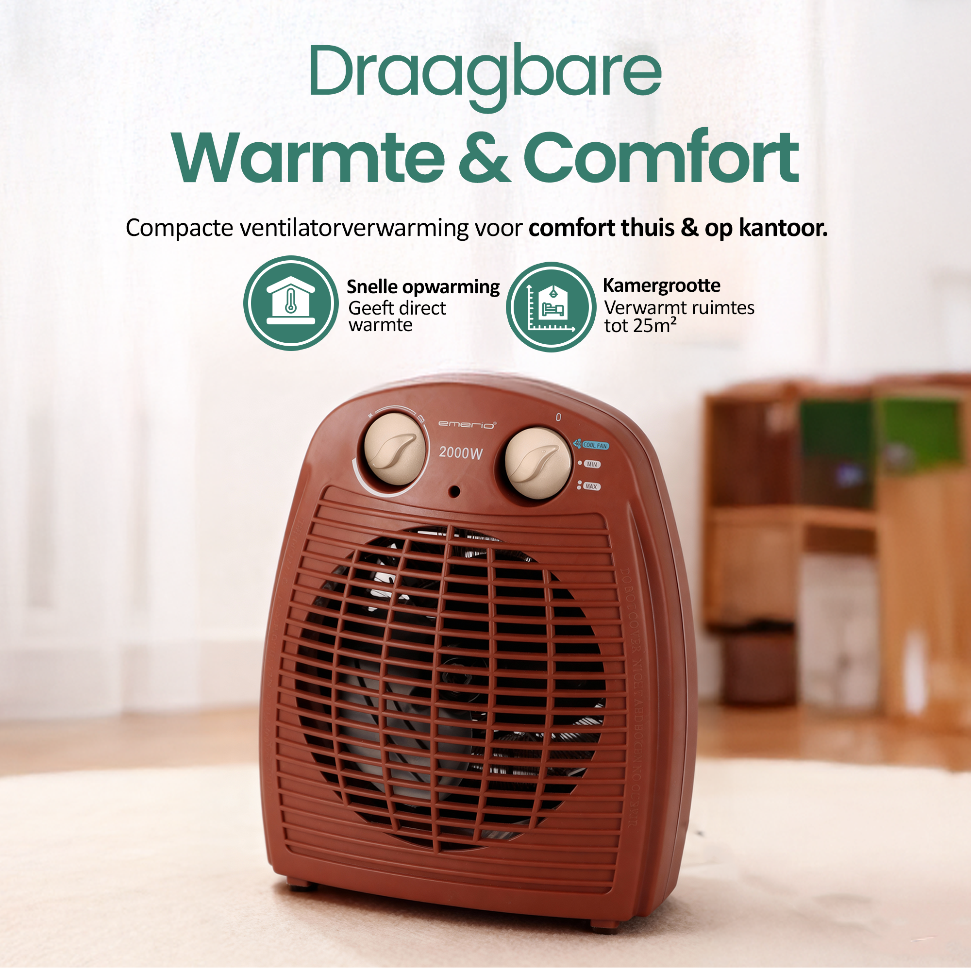 Een bruine draagbare kachel met ventilator op een licht oppervlak. Tekst: 'Warmte & Comfort'.