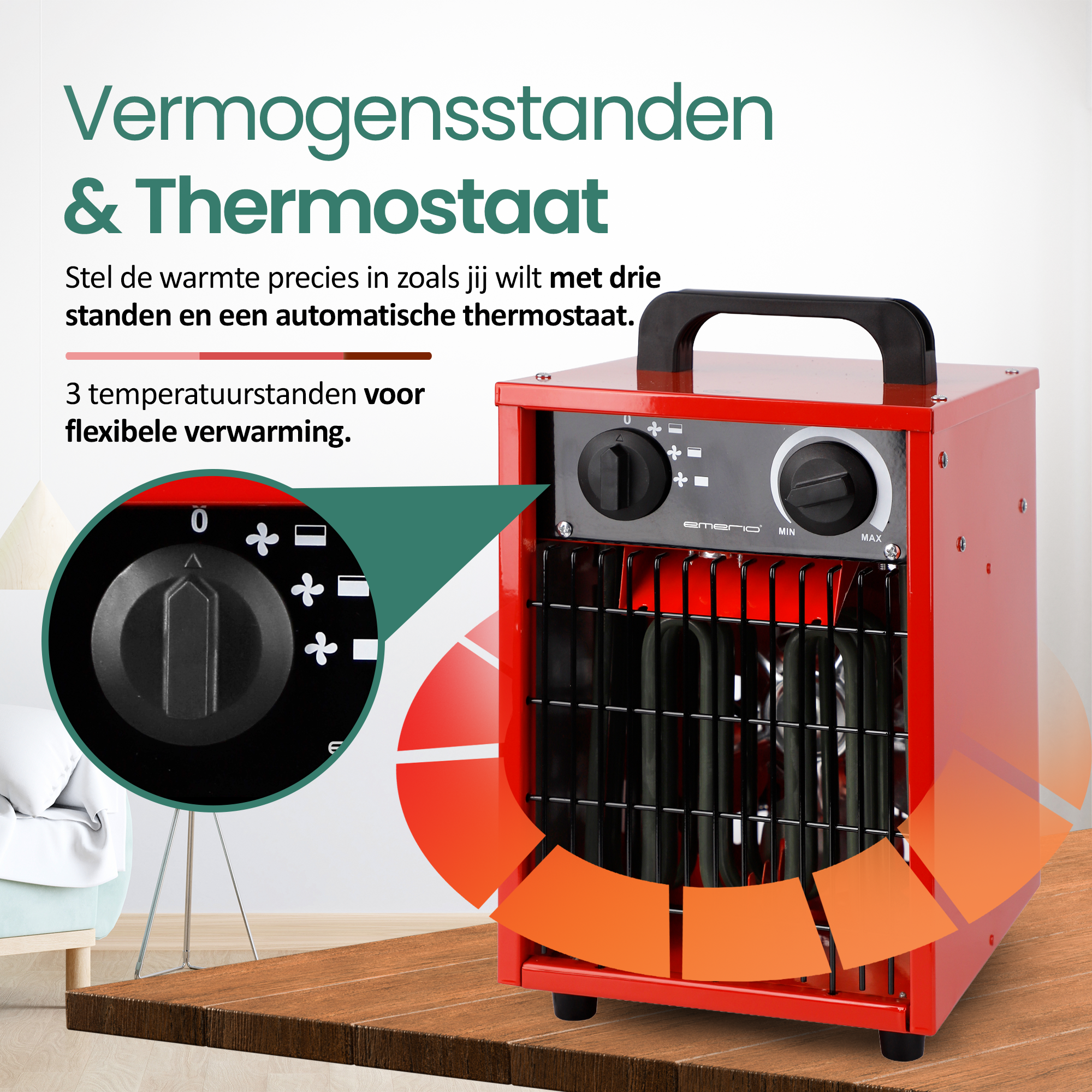 Een rode elektrische kachel met zwarte handgreep en knoppen, op een houten oppervlak.