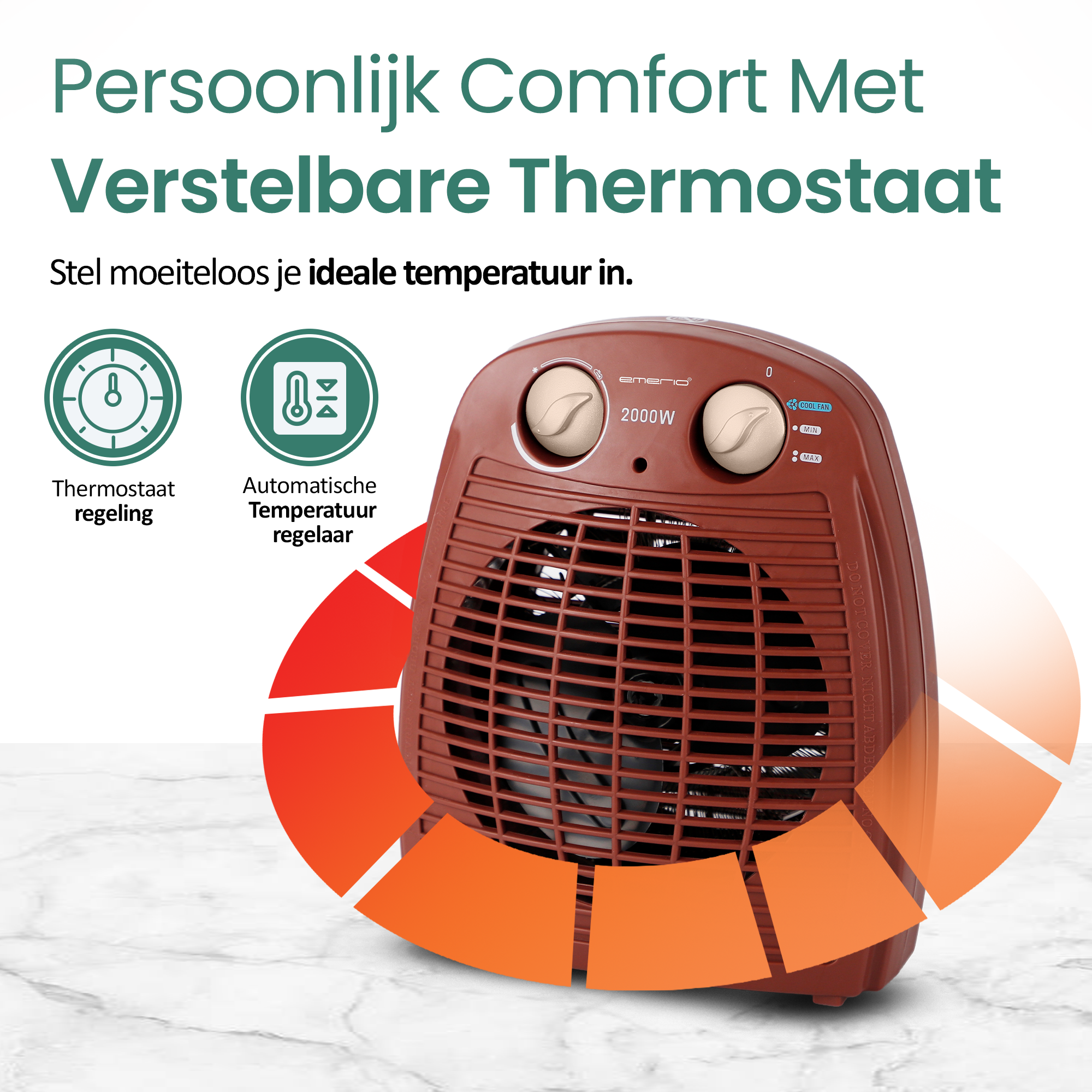 Een bruine kachel met draaiknoppen en een ventilator. Tekst: 'Persoonlijk comfort met instelbare thermostaat'.