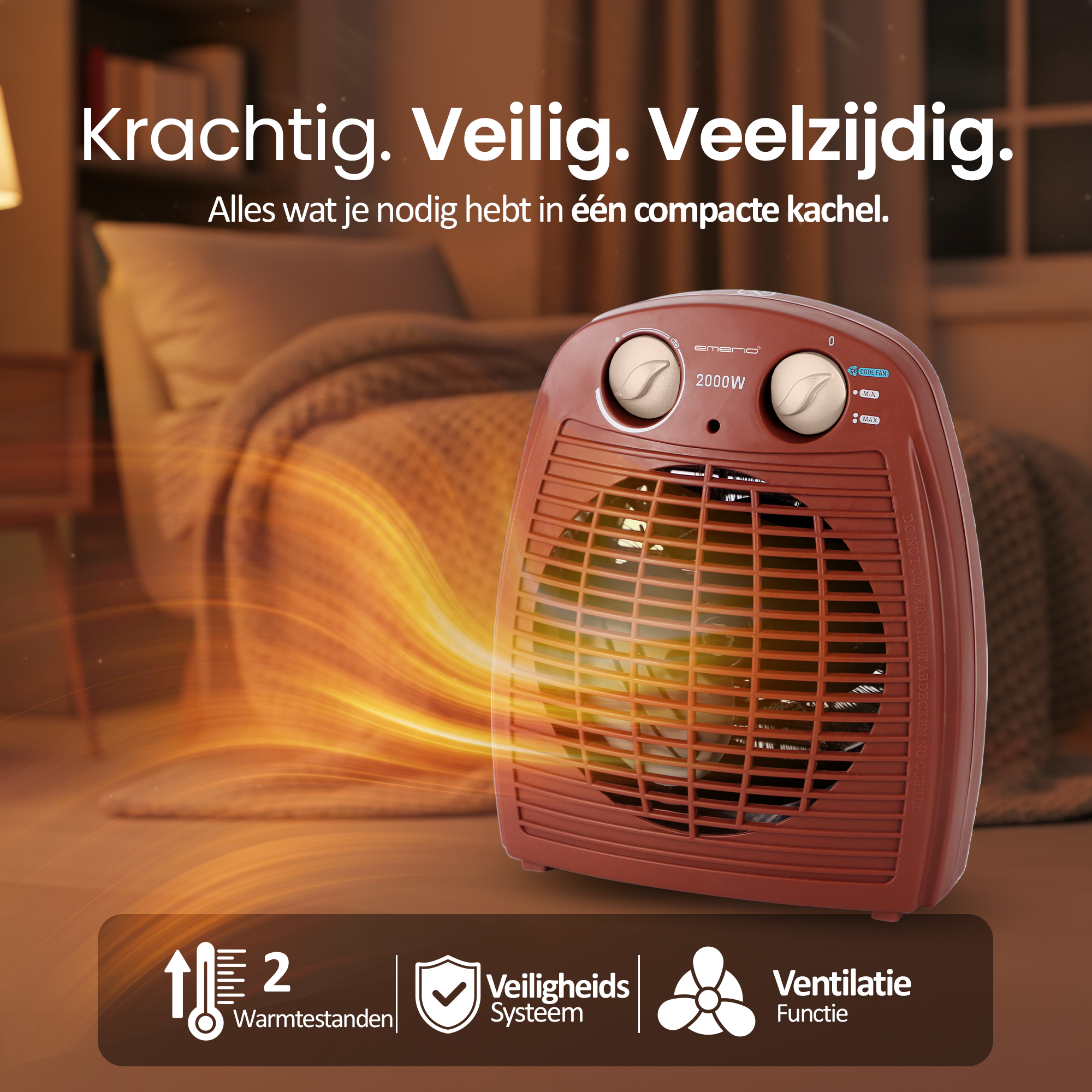 Een bruine kachel met twee knoppen en een ventilator. Tekst zegt 'Warmtestanden', 'Veiligheids Systeem' en 'Ventilatie Functie'.