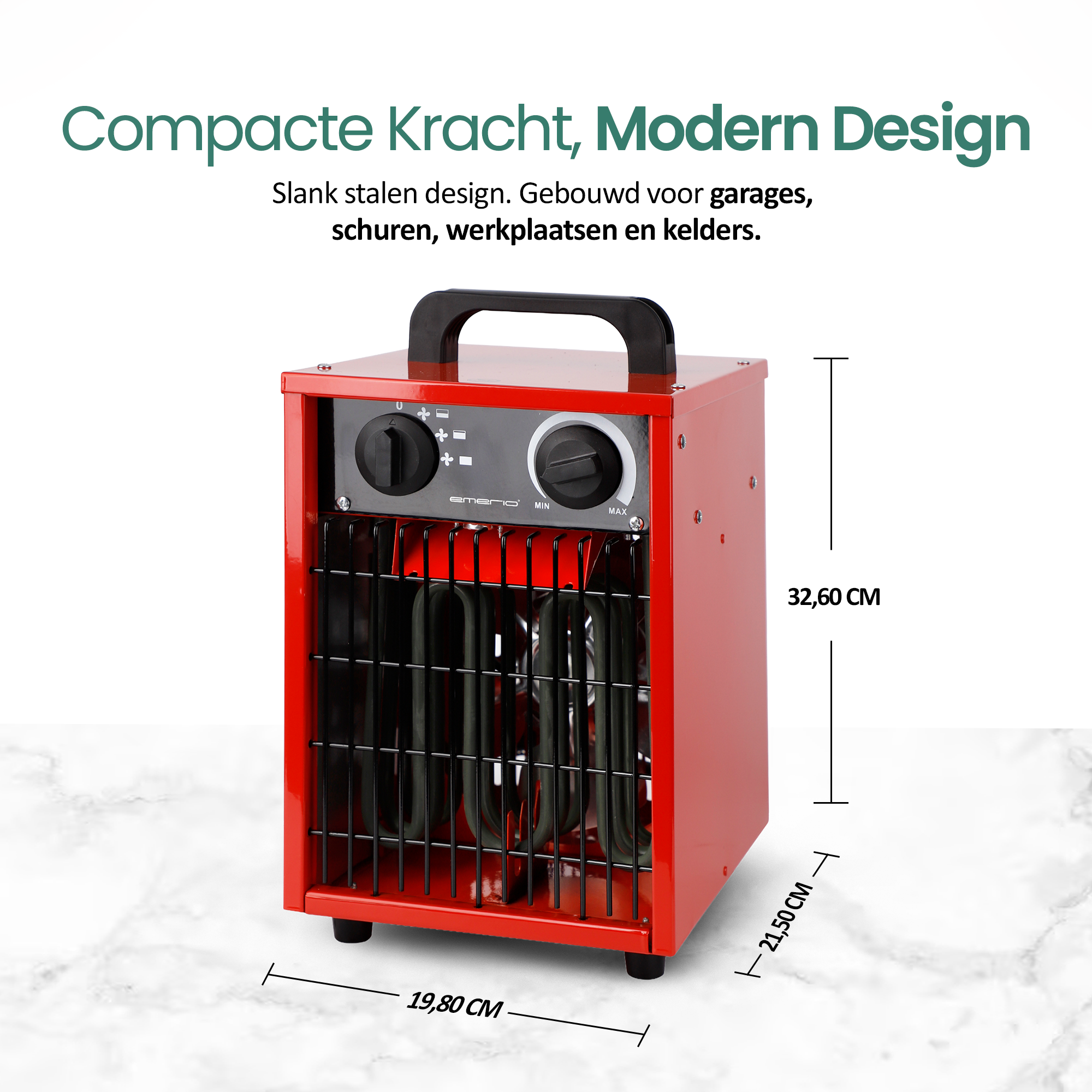 Rode elektrische kachel met zwarte handgreep. Afmetingen worden weergegeven. Tekst: 'Compacte kracht, modern design'.