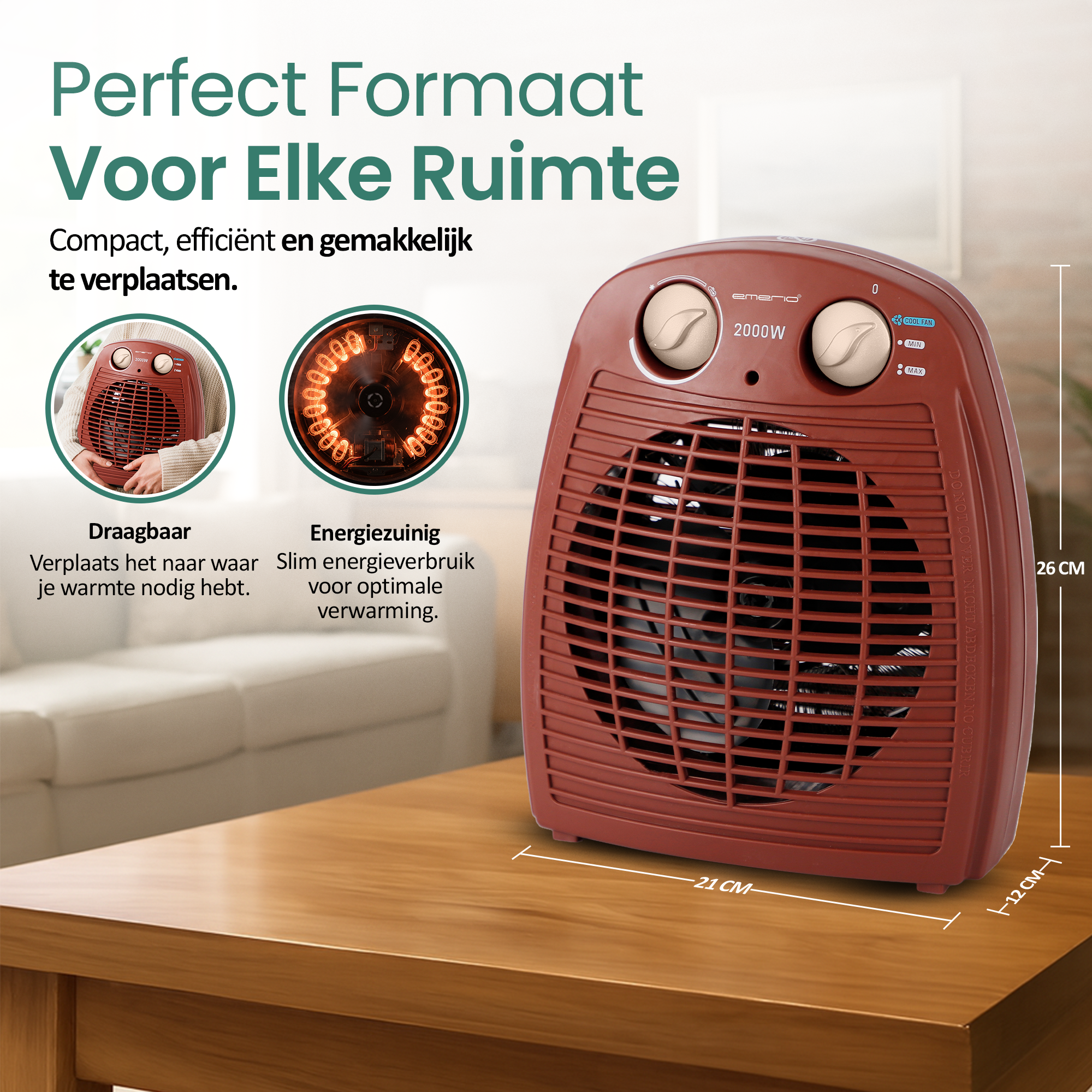 Een bruine kachel op een houten tafel. Tekst bevat afmetingen. Achtergrond toont een witte bank.
