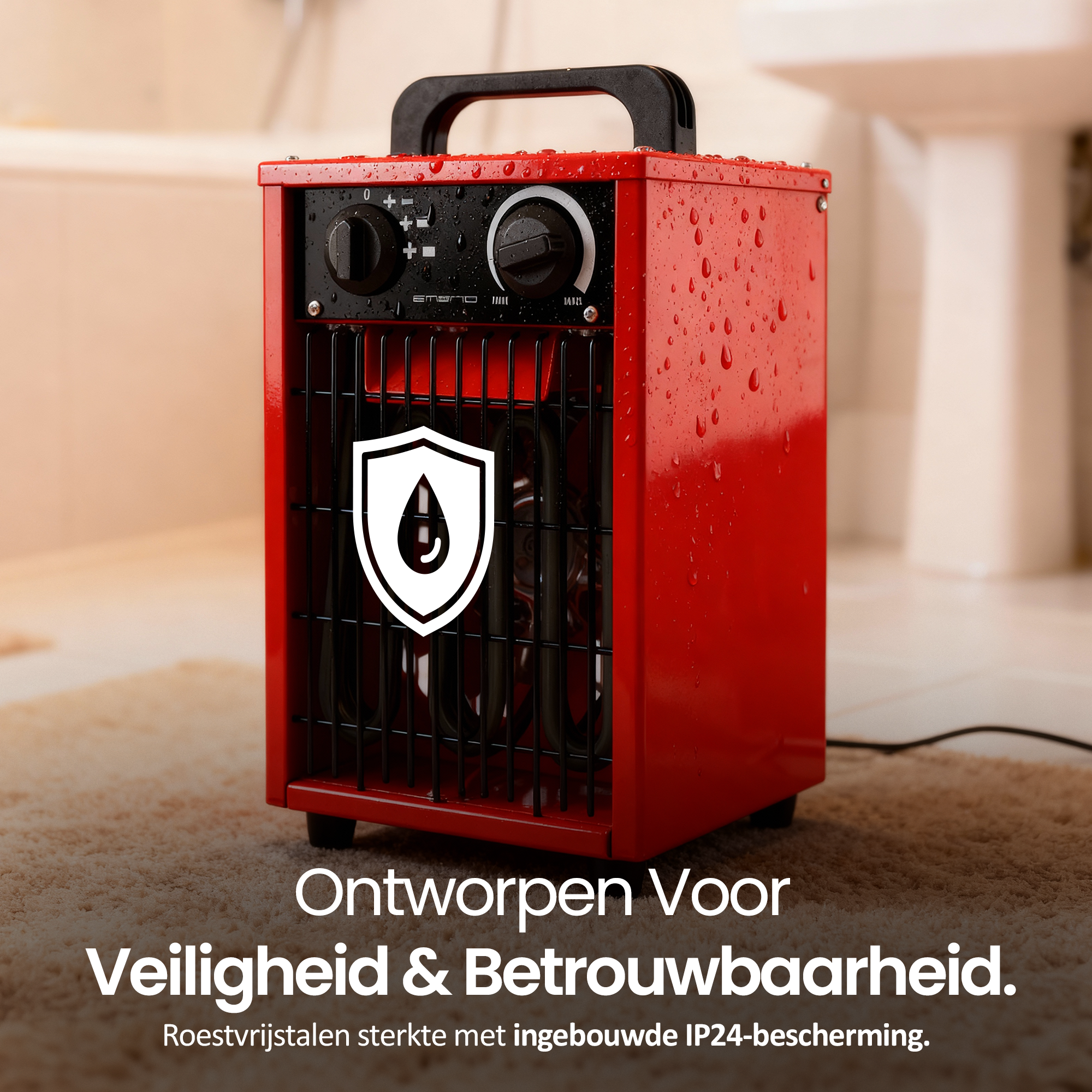 Een rode elektrische kachel met waterdruppels, op een tapijt. Schildlogo. Tekst: Ontworpen voor Veiligheid & Betrouwbaarheid.