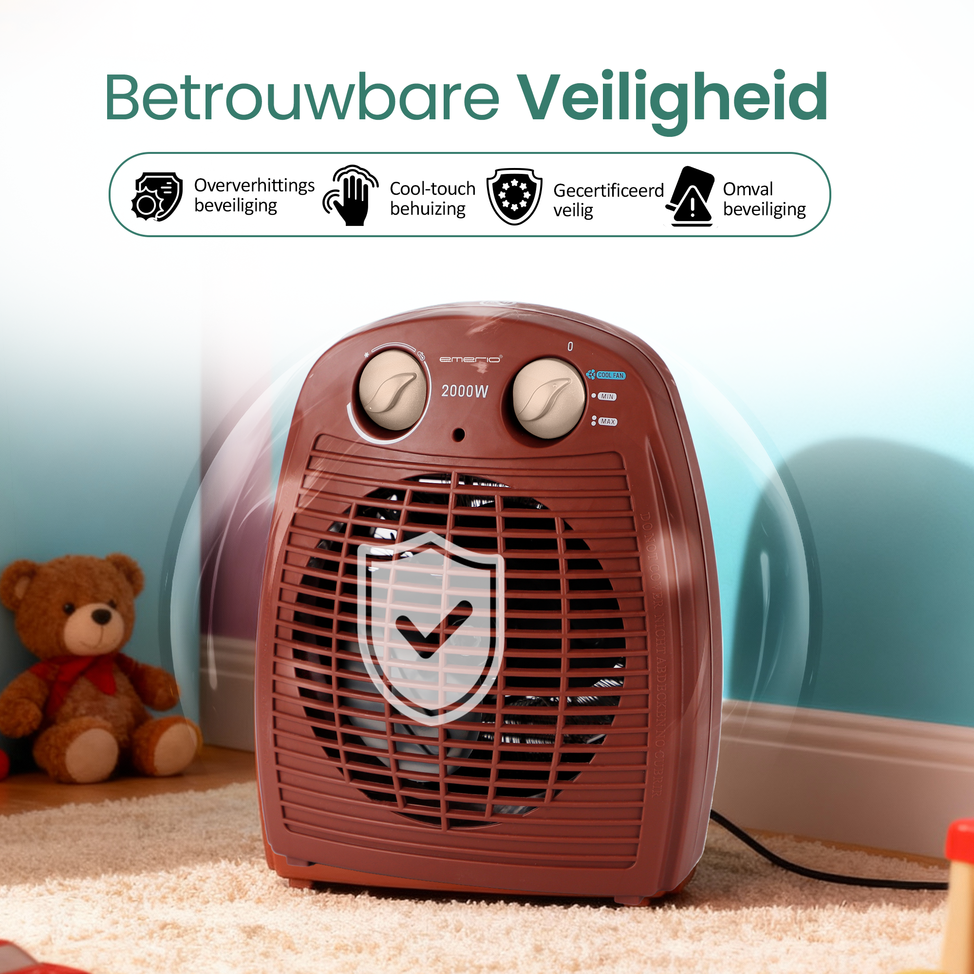 Een bruine kachel op een kleed. Het heeft bedieningselementen en veiligheidsvoorzieningen. Een teddybeer op de achtergrond.
