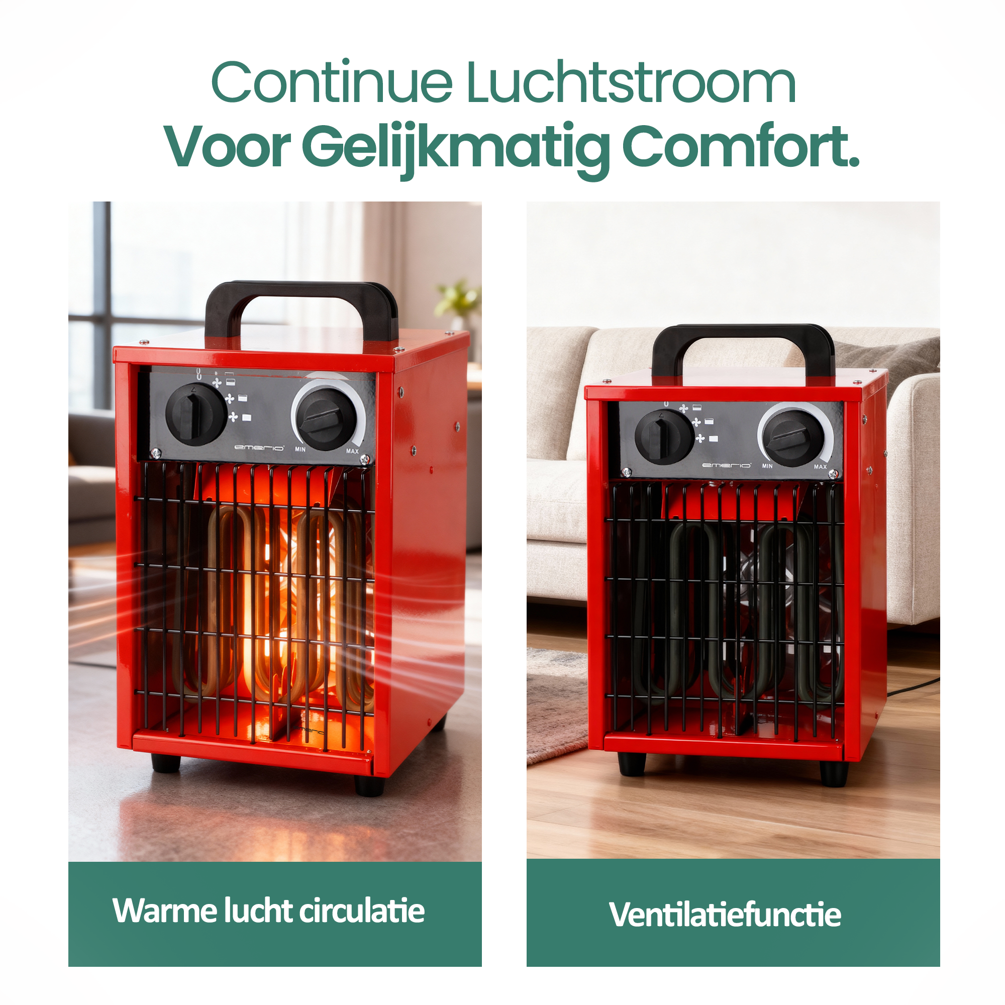Afbeelding toont twee rode kachels. De linker gloeit, met 'Warme lucht circulatie'. De rechter, 'Ventilatiefunctie'.
