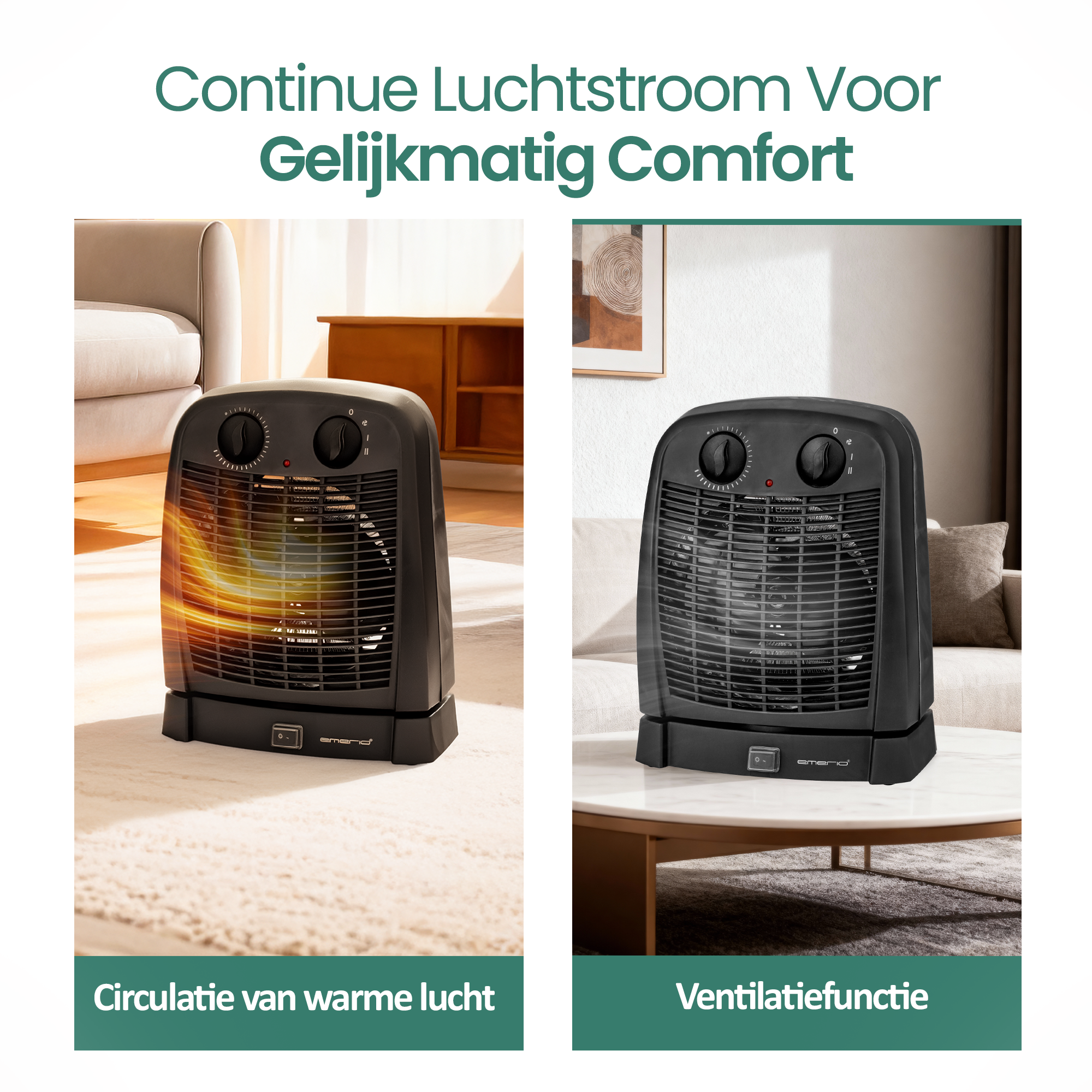 Twee zwarte kachels met bedieningsknoppen. Eén toont warme lucht. Tekst: Continue luchtstroom voor gelijkmatig comfort, circulatie van warme lucht, ventilatiefunctie.
