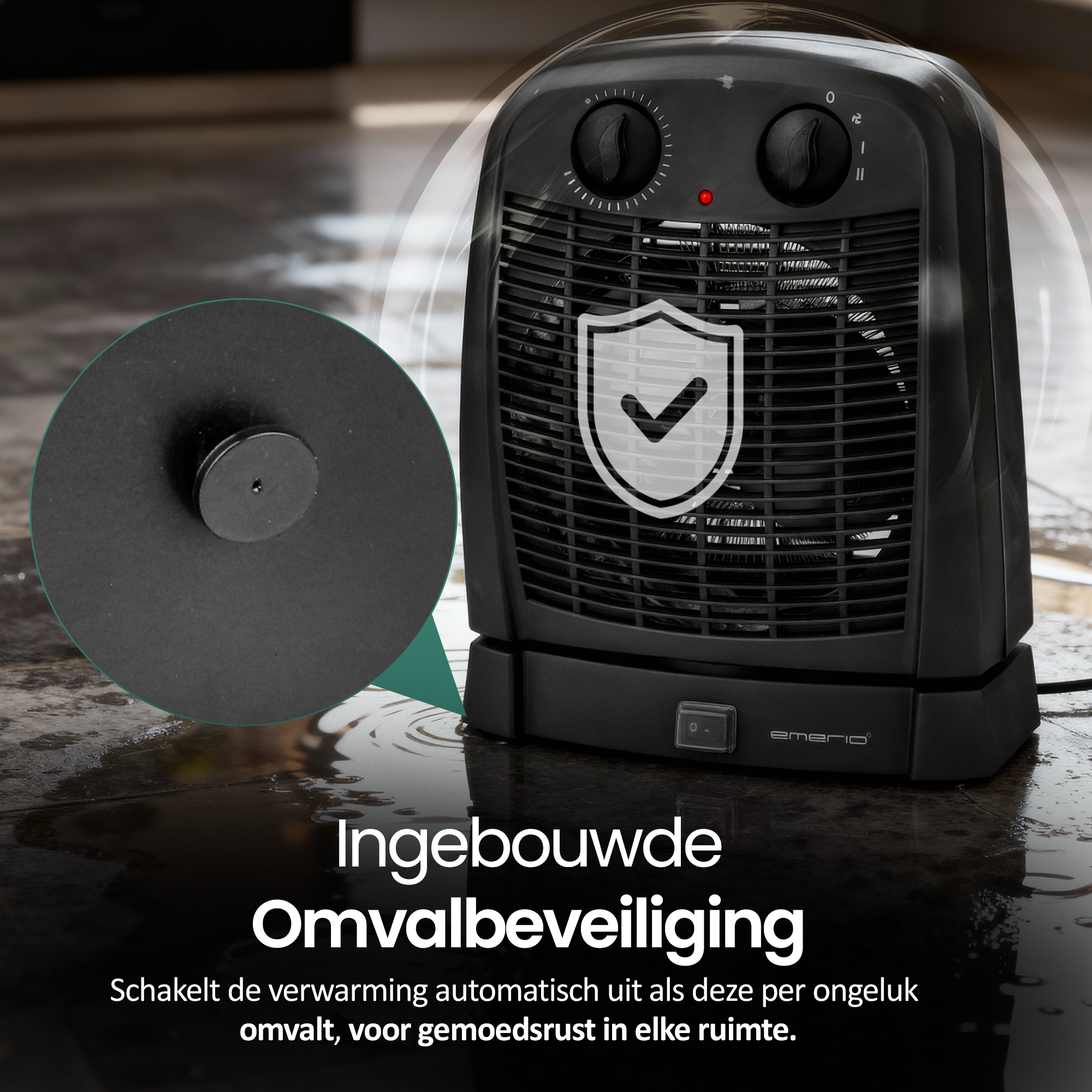 Zwarte ruimteverwarming met een veiligheidsschildpictogram. Het heeft een aan/uit-schakelaar en bedieningsknoppen. Een zwarte knop is ook zichtbaar.