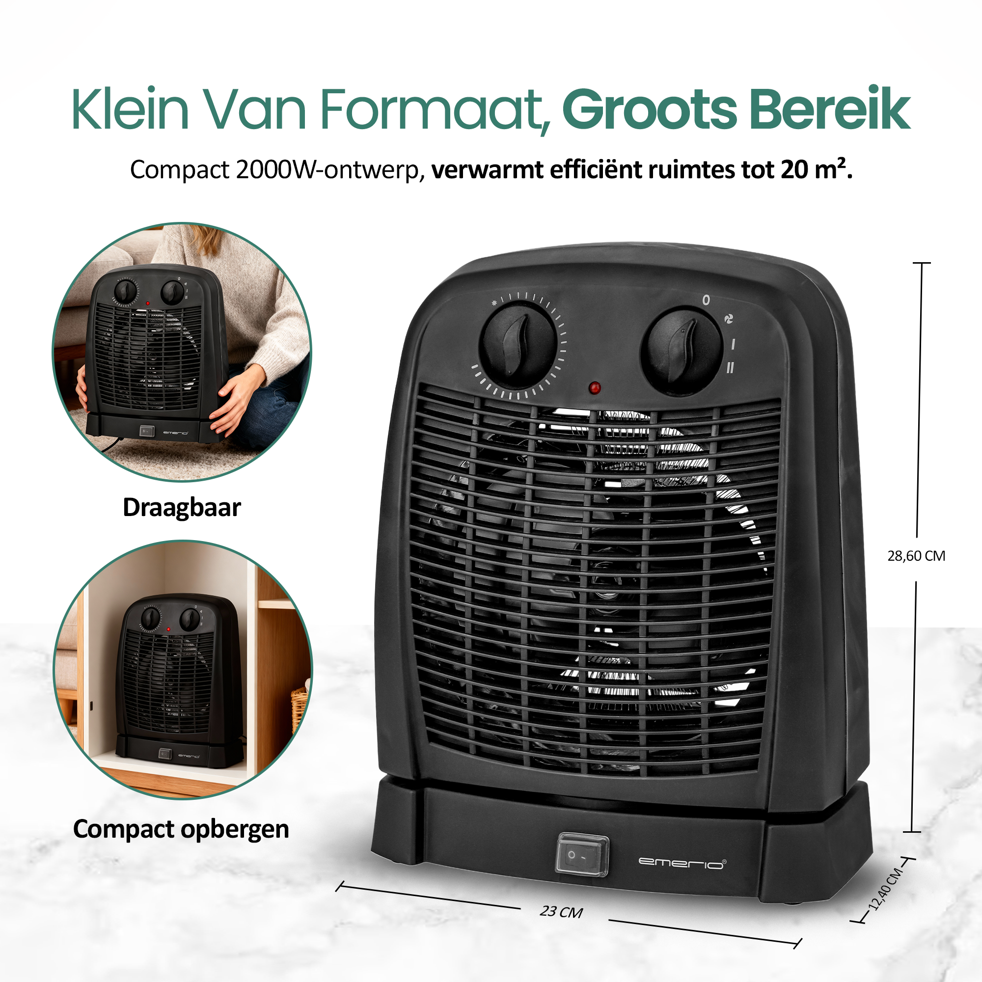 Zwarte elektrische kachel met bediening. Tekst in het Nederlands. Toont afmetingen.