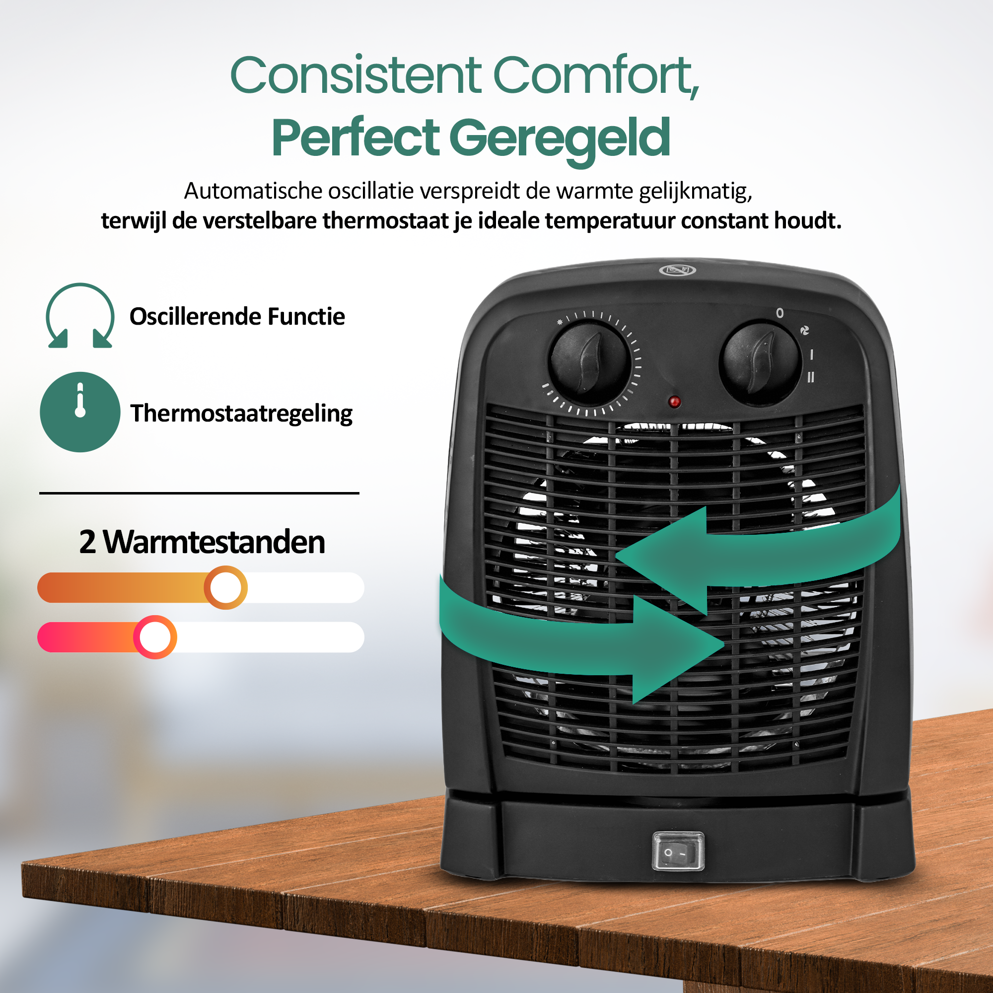 Zwarte kachel op houten tafel. Kenmerken: oscillatie, thermostaat en twee warmtestanden.