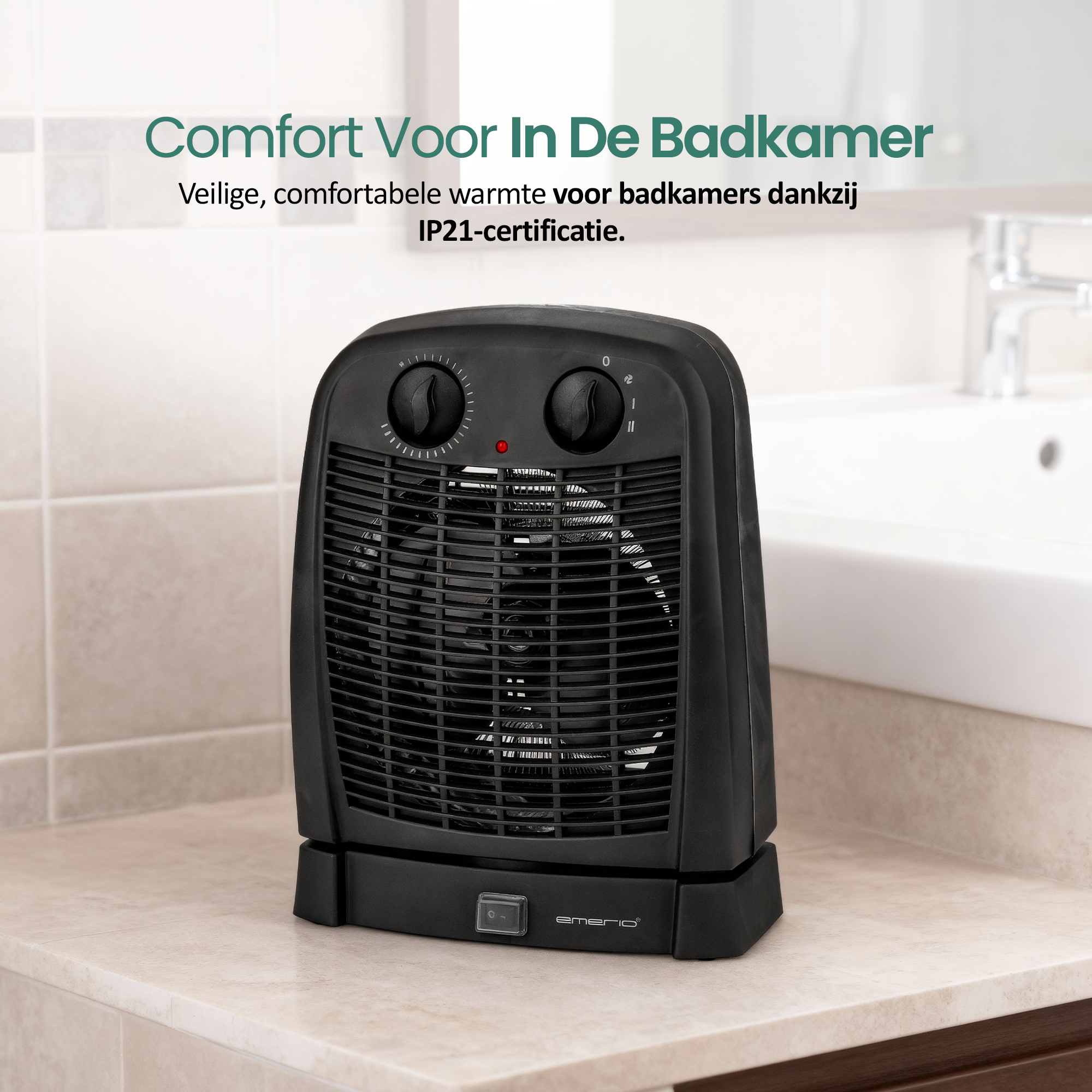 Schwarzer Badezimmerheizlüfter mit Reglern auf einer Theke neben einem Waschbecken. Text: Comfort Voor In De Badkamer.