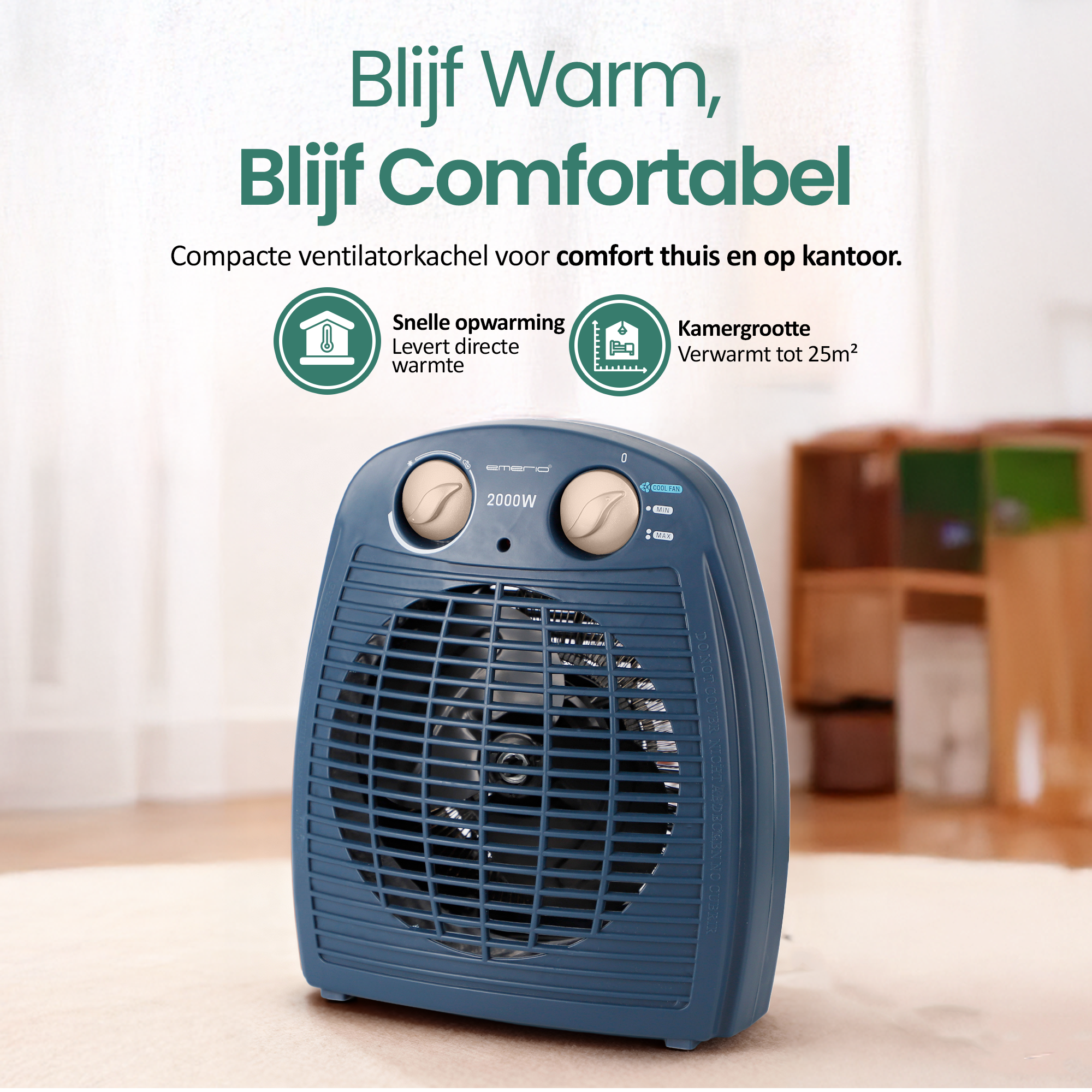 Een blauwe ventilatorkachel met knoppen, rooster en tekst. Achtergrond toont een vage kamer.