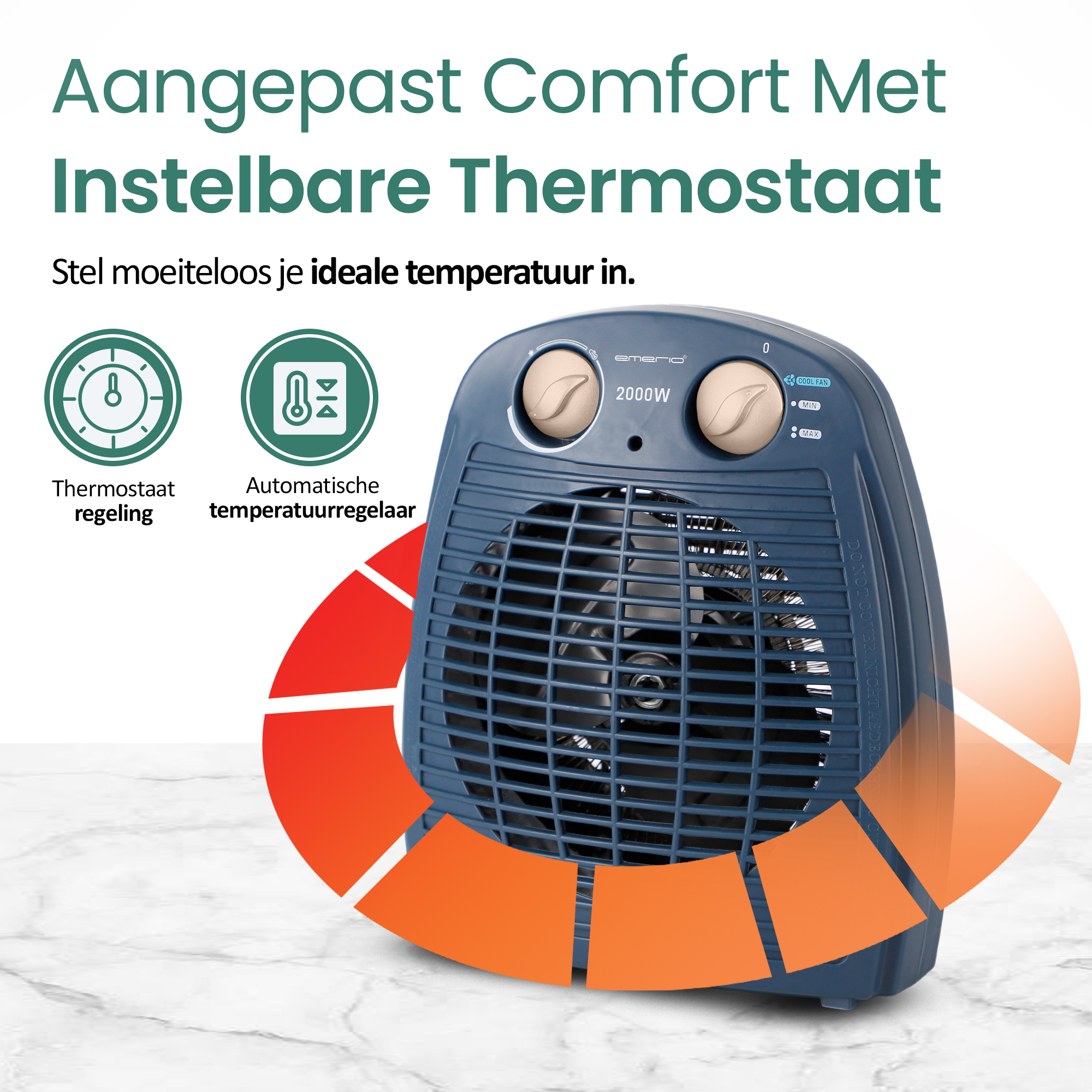 Een blauwe Emerio-kachel met instelbare thermostaat. Het heeft twee knoppen en een ventilator. Tekst zegt: 'Aangepast Comfort Met Instelbare Thermostaat'.