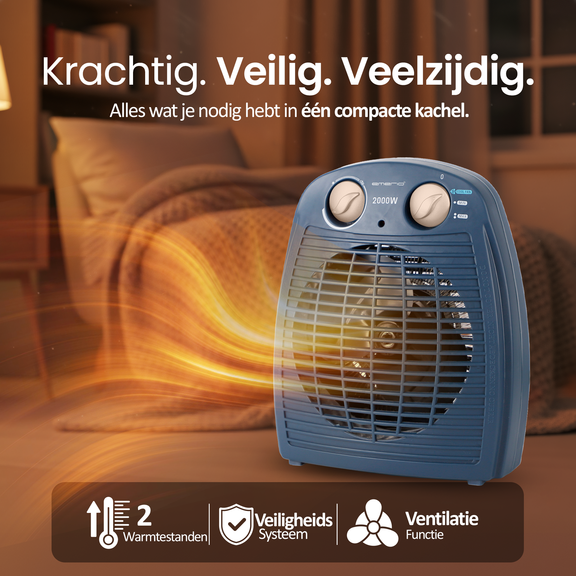 Blauwe elektrische kachel met ventilator, bedieningselementen en veiligheidsvoorzieningen. Tekst: Krachtig, veilig, veelzijdig.