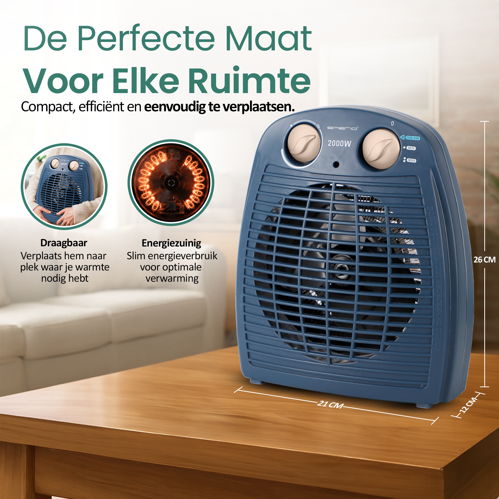 Een blauwe elektrische kachel op een houten tafel. De kachel heeft twee knoppen en een ventilator. Tekst: De Perfecte Maat.