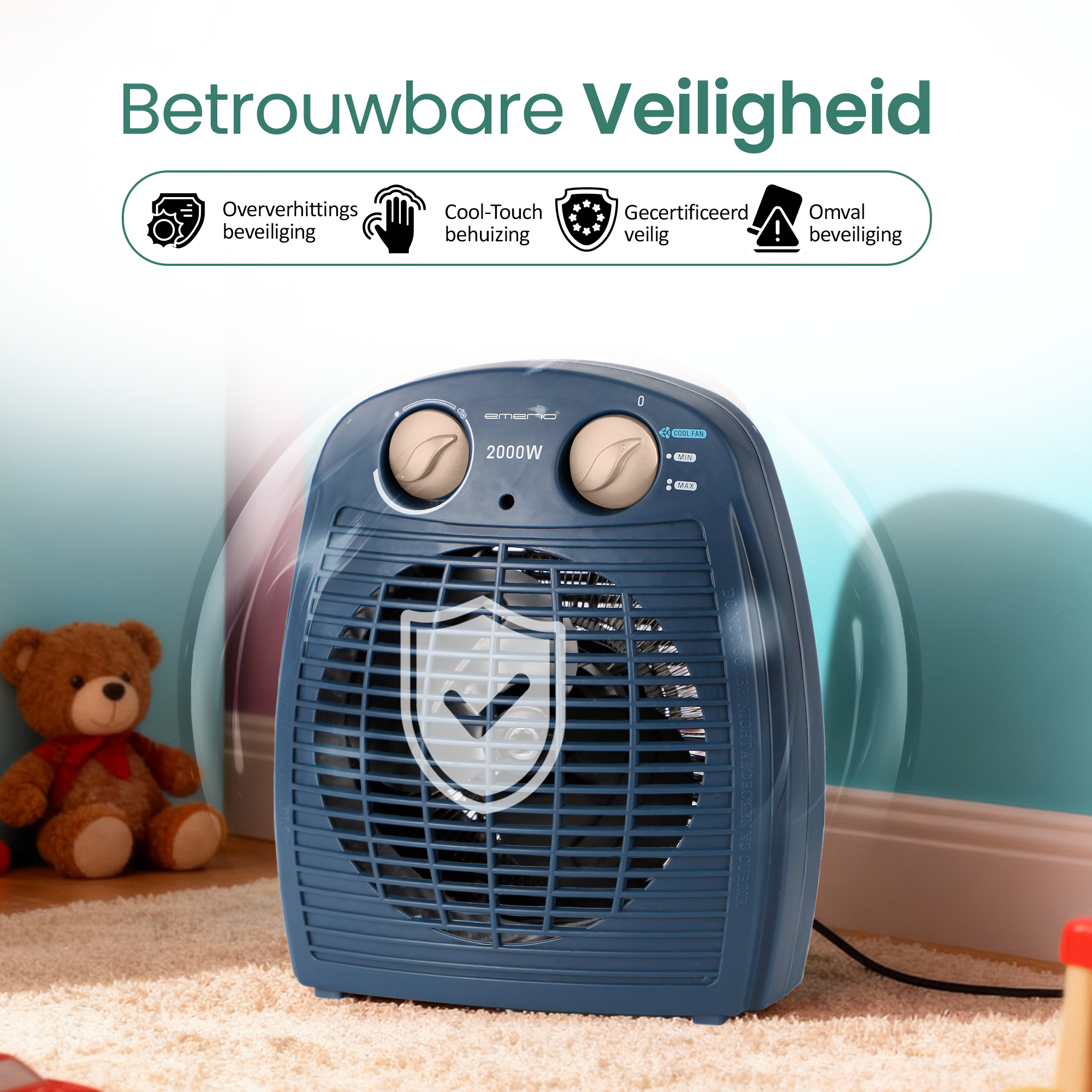Blauwe kachel met bedieningselementen en veiligheidspictogrammen. Teddybeer en tapijt op de achtergrond.