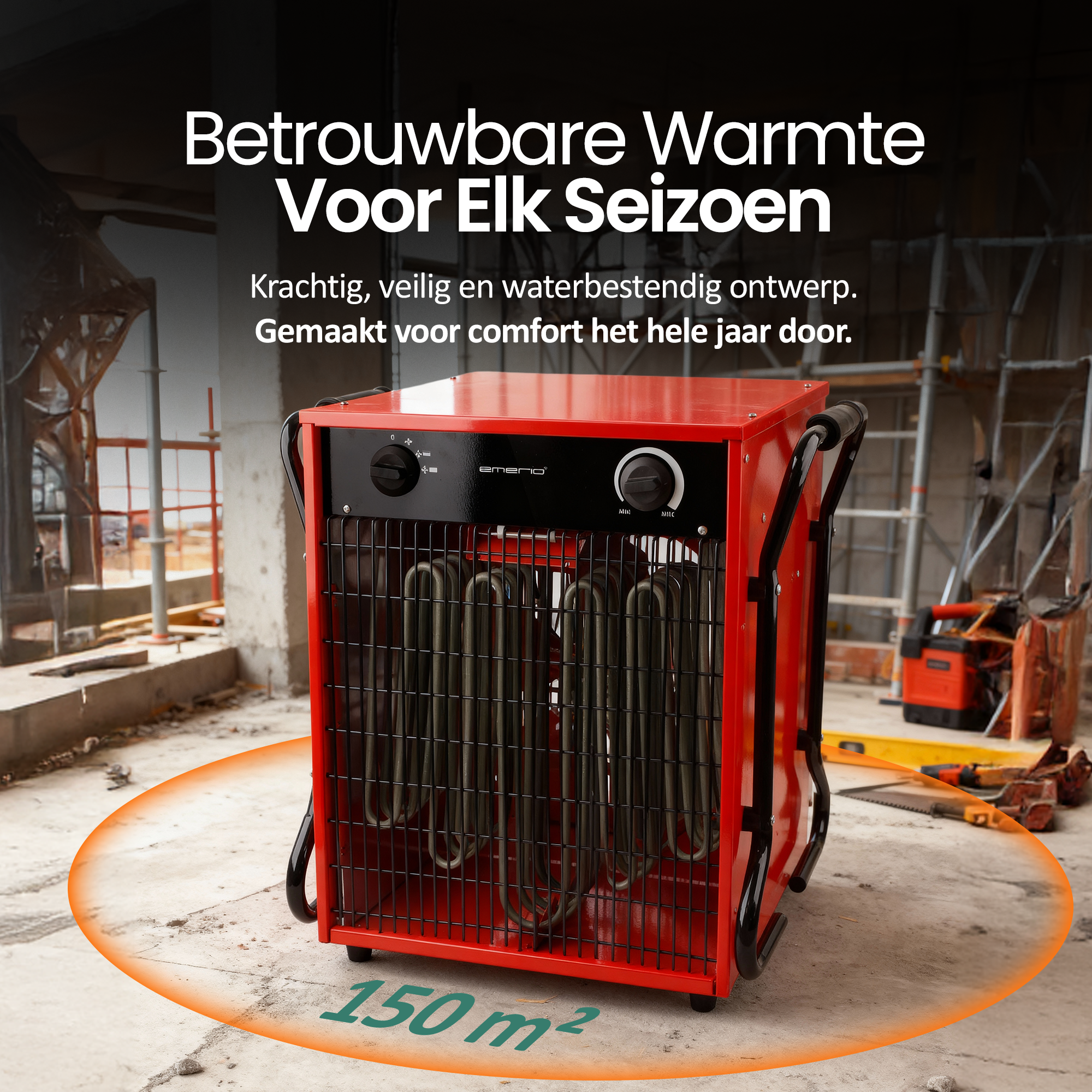 Rode kachel met zwarte bediening en beschermrooster. Staat op een betonnen vloer. Tekst: 150 m².