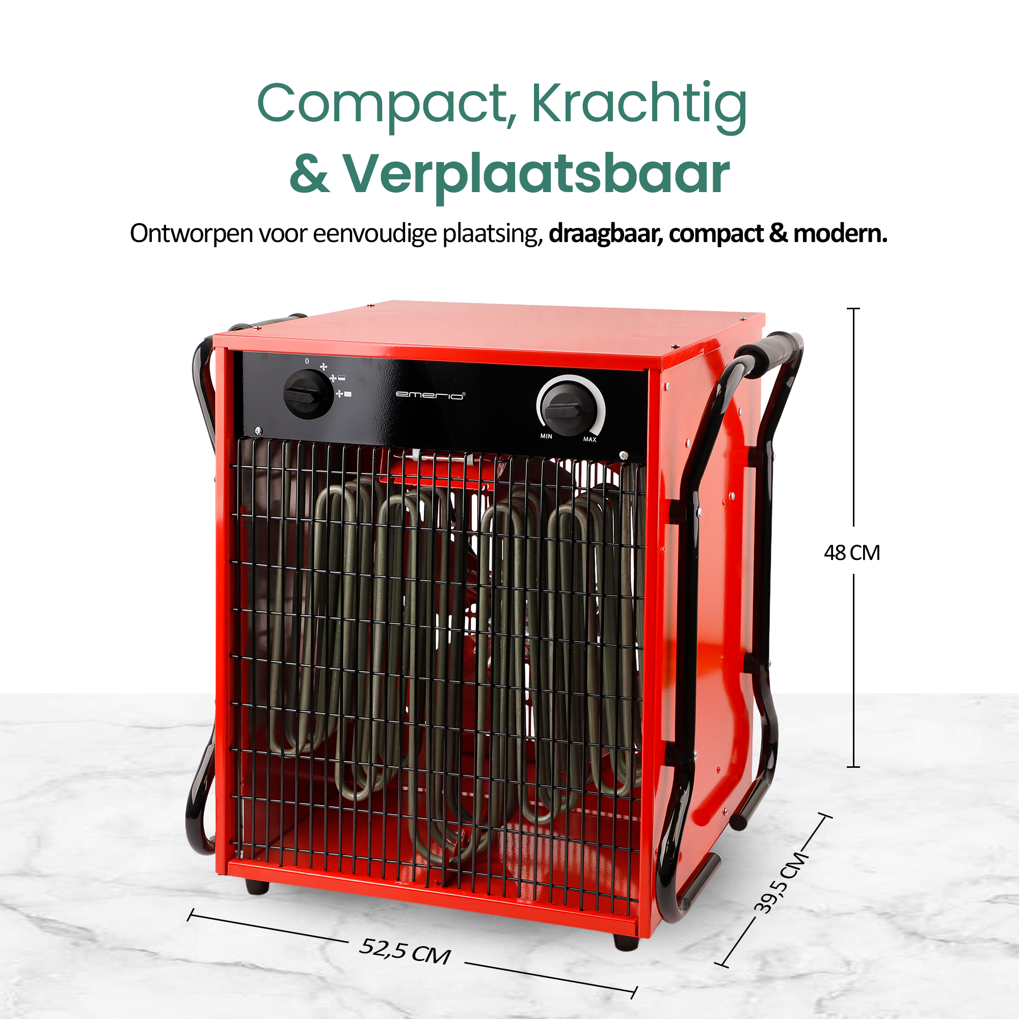 Een rode elektrische kachel met zwarte handgrepen en bediening. Afmetingen staan erop.