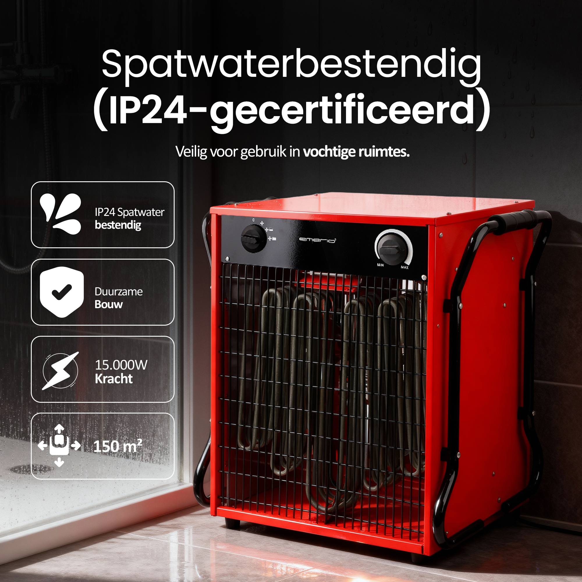 Rode en zwarte elektrische kachel met veiligheidsvoorzieningen. Staat in een badkamer, IP24 gecertificeerd, 15000W.