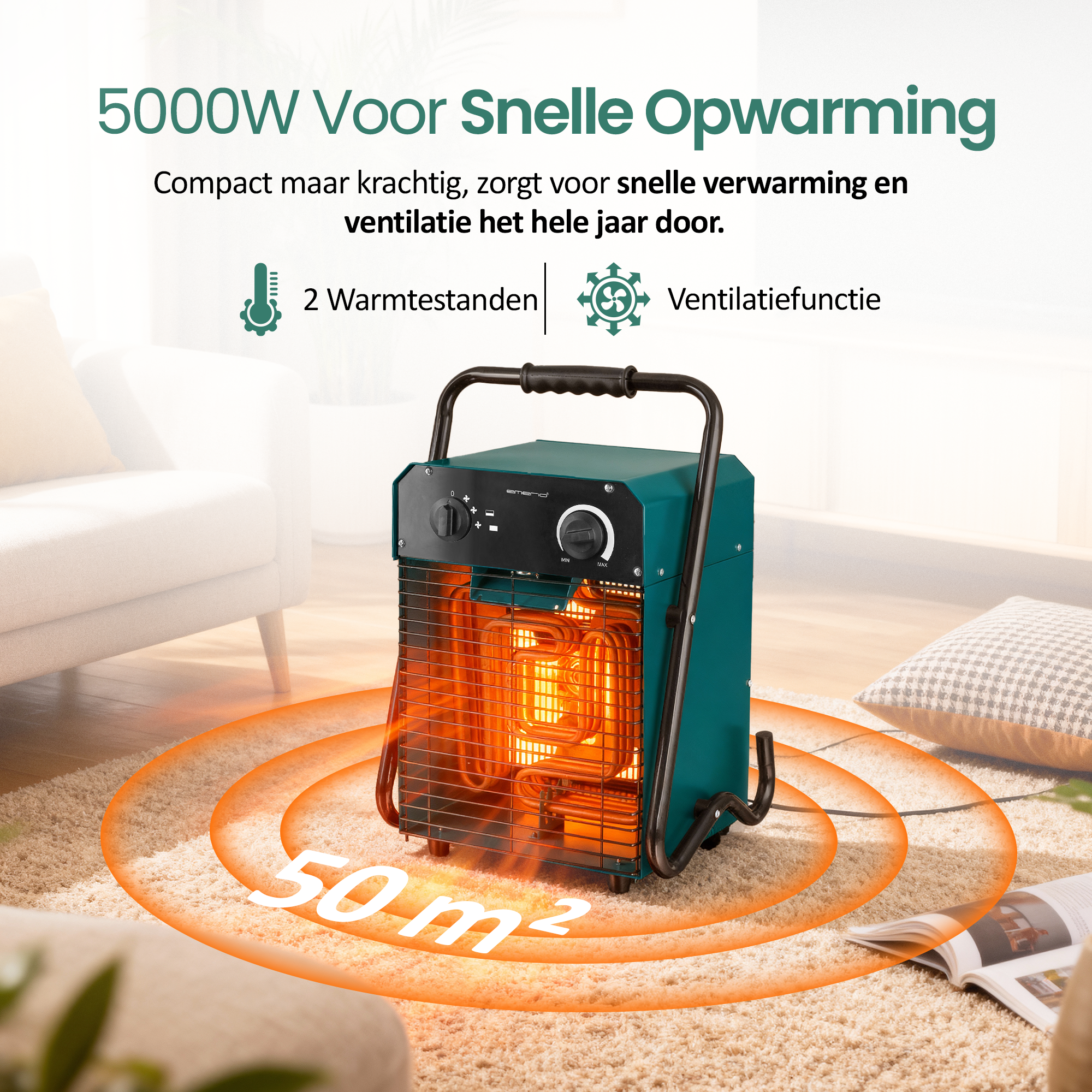 Kachel met gloeiende elementen, in een woonkamer. De kachel is blauwgroen, met een handvat.