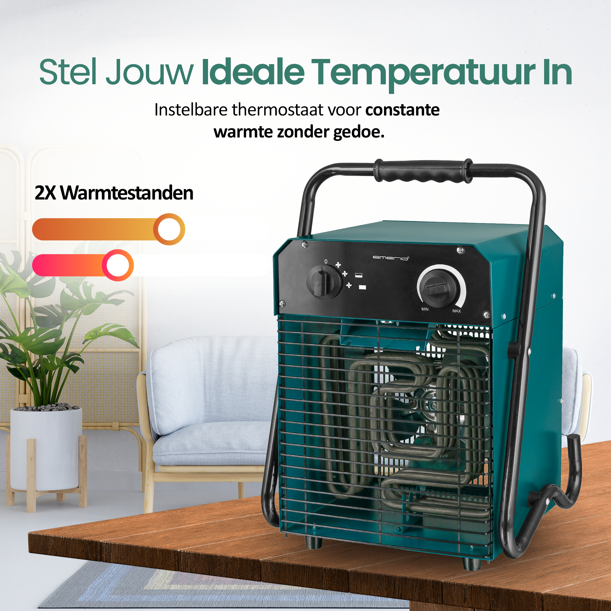Een turkooizen kachel op een houten tafel. Tekst bevat temperatuurinstellingen. Een plant en stoel staan op de achtergrond.
