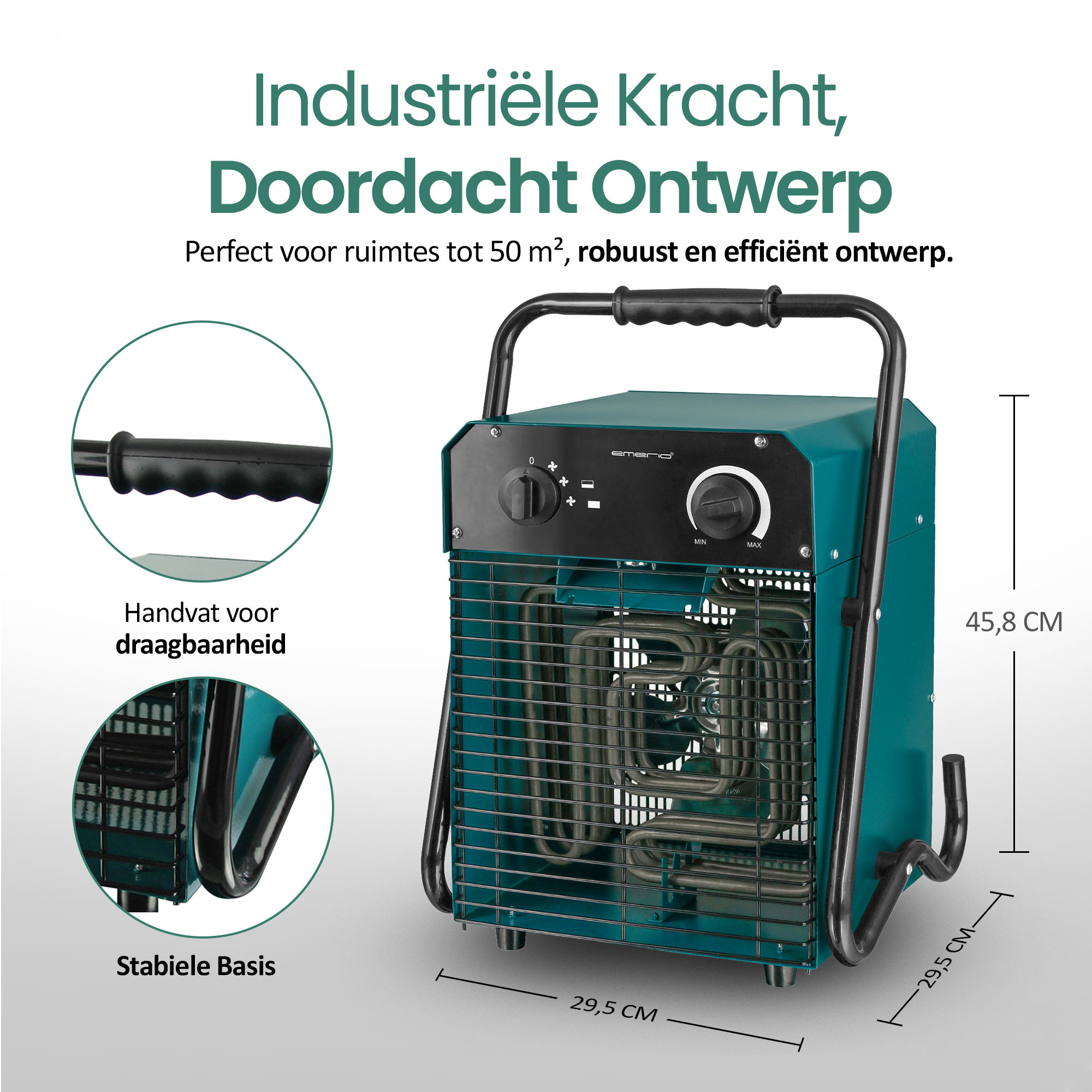 Een turkooizen industriële kachel met zwarte handgreep. De tekst zegt 'Industriële Kracht, Doordacht Ontwerp'. Afmetingen worden getoond.