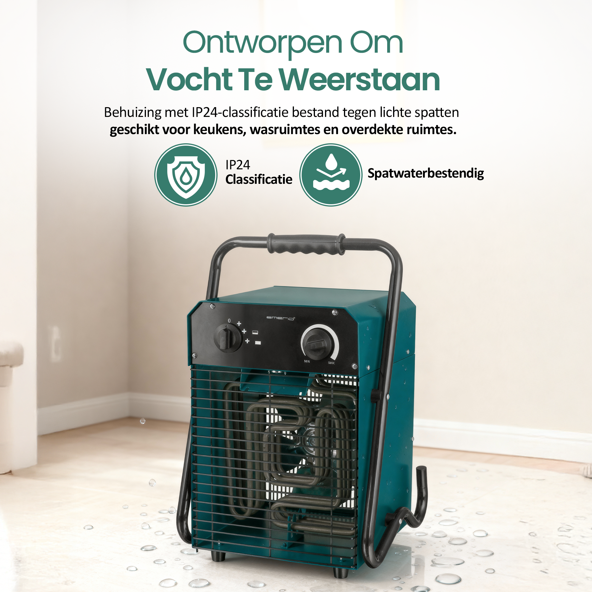 Een turkooizen kachel met een zwarte handgreep. Bovenstaande tekst luidt: Ontworpen om vocht te weerstaan, IP24-classificatie.