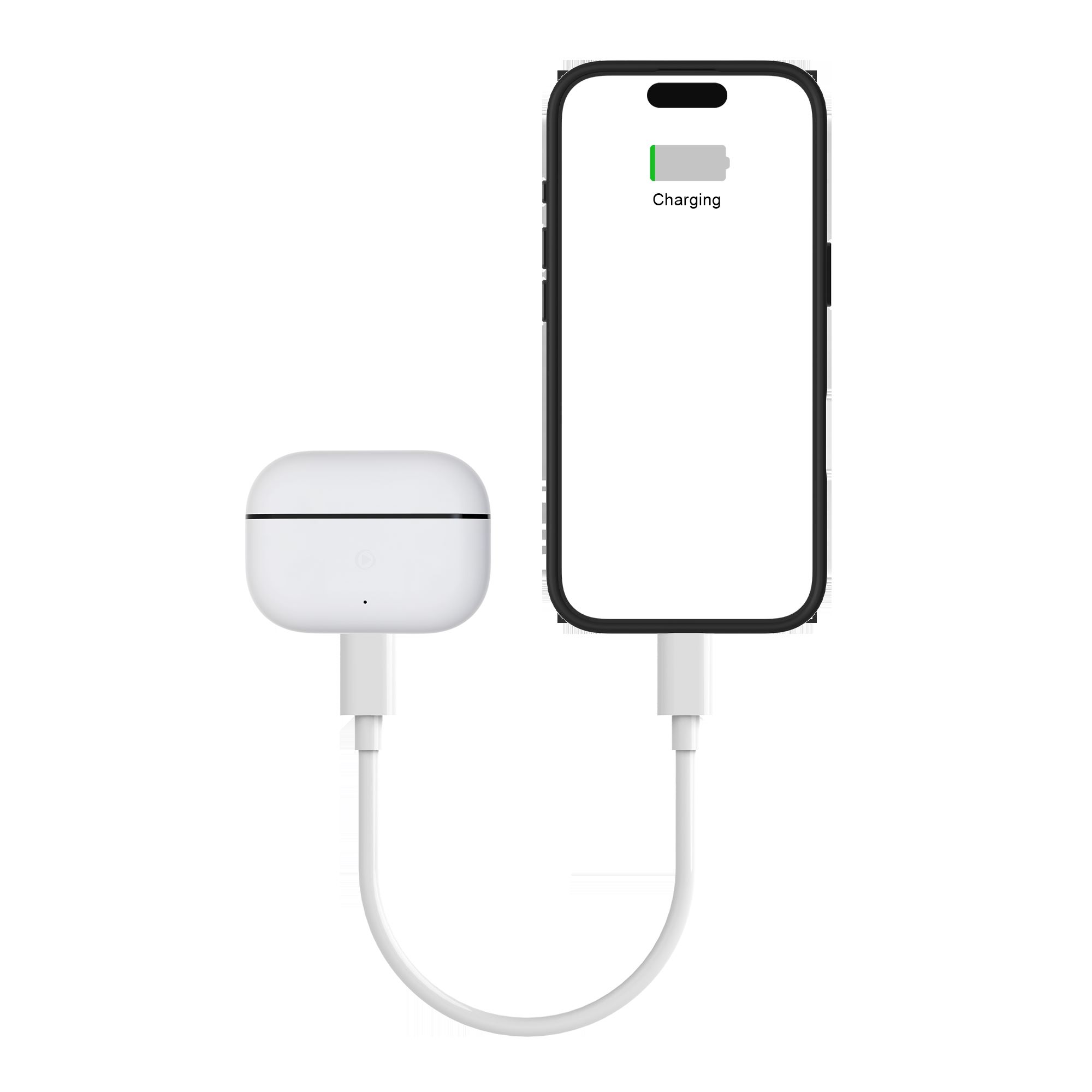 Telefon lädt mit Kabel und AirPods-Etui verbunden. Telefon zeigt Ladestatus.