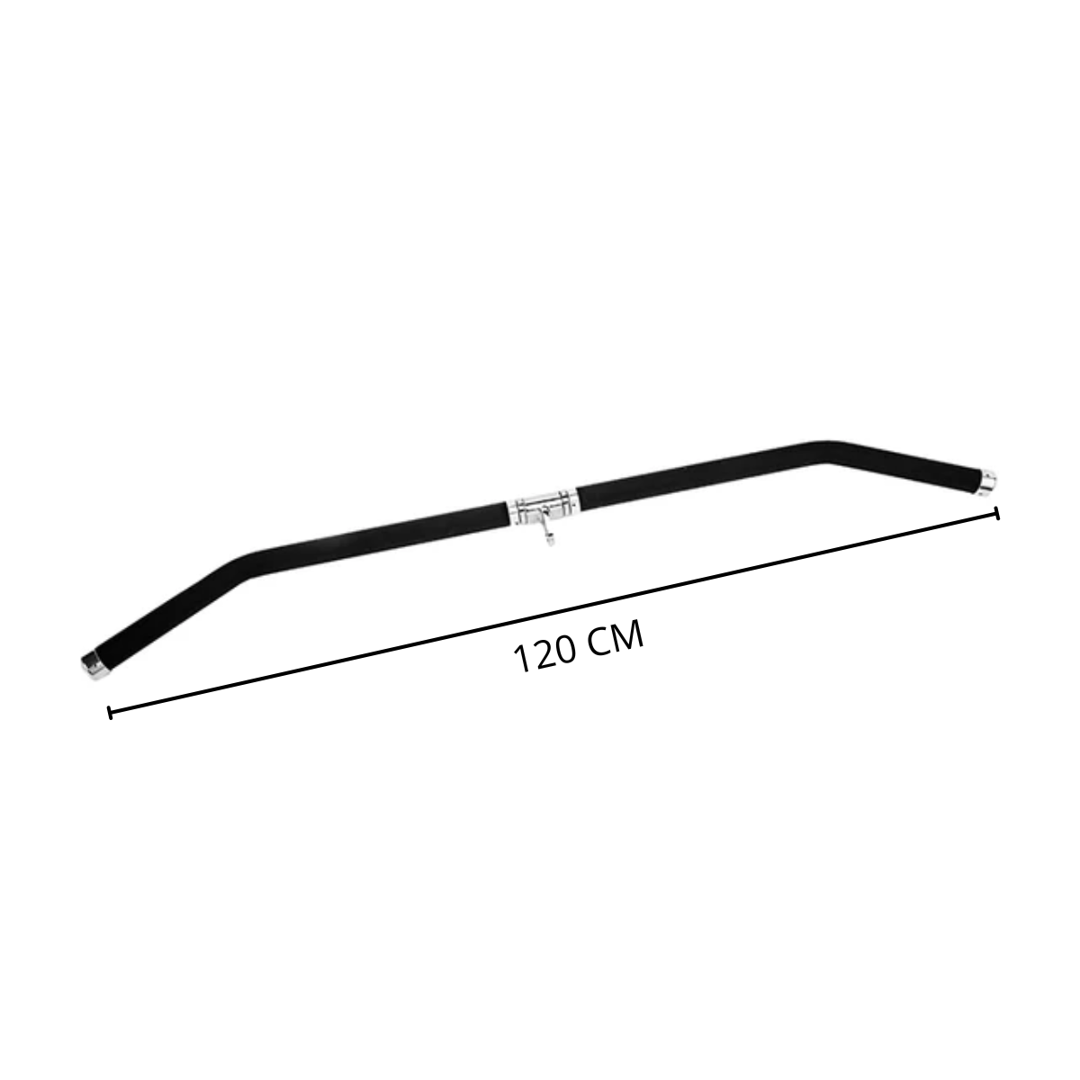 Une barre noire incurvée, avec des détails argentés. Une ligne noire indique une longueur de 120 cm. Le fond est blanc.