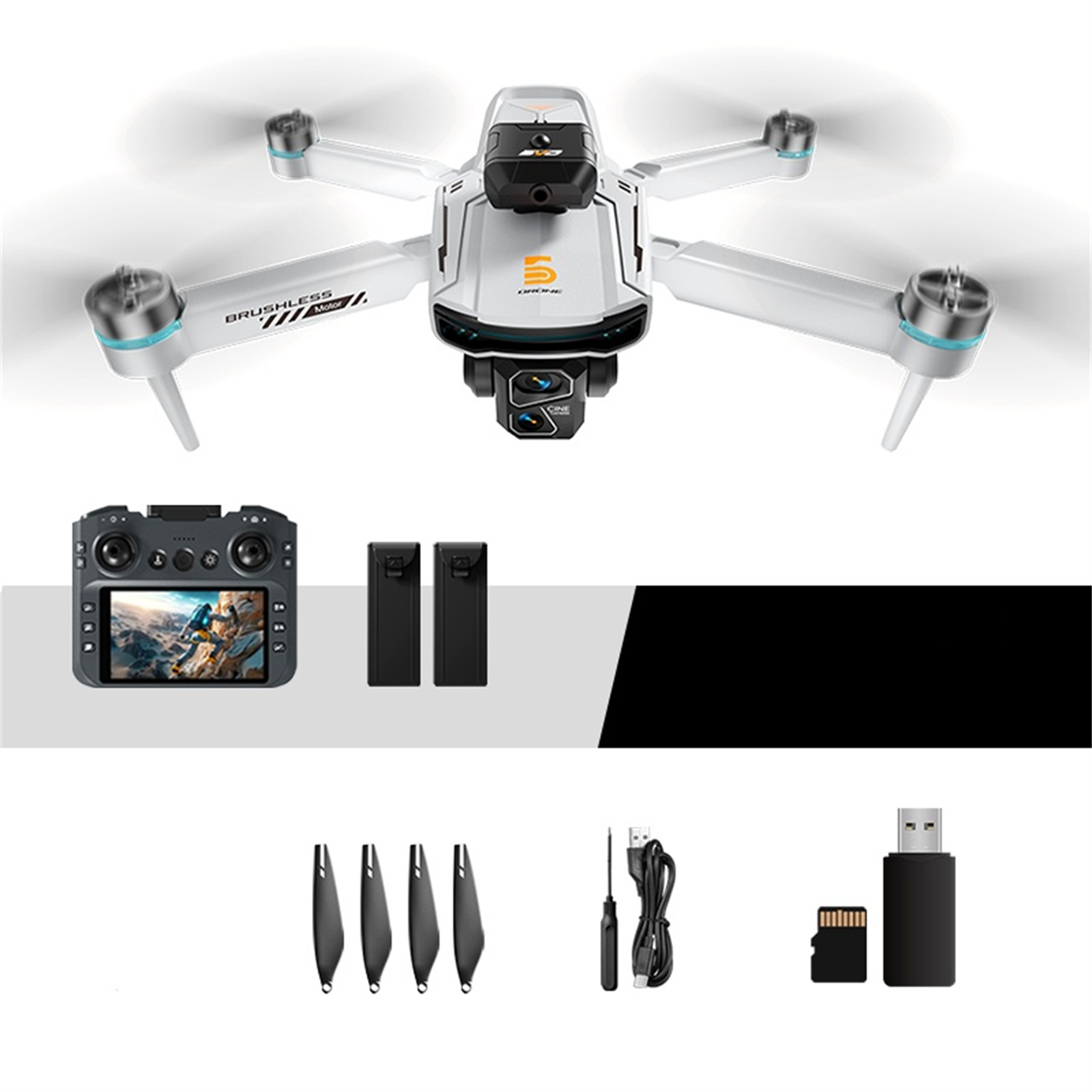 Eine weiße und graue Drohne mit Zubehör: Controller, Batterien, Propeller, Schraubendreher, Kabel und USB-Adapter.