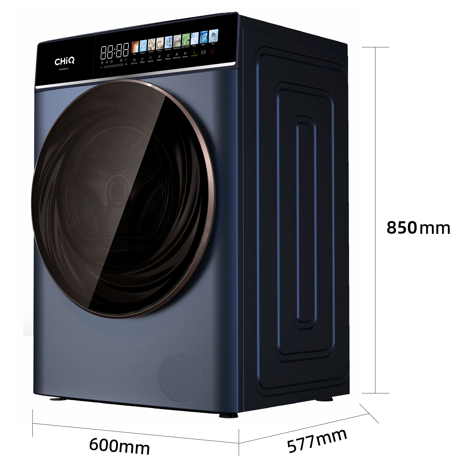 Lave-linge bleu avec porte en verre foncé. Dimensions : 850 mm hauteur, 600 mm largeur et 577 mm profondeur.