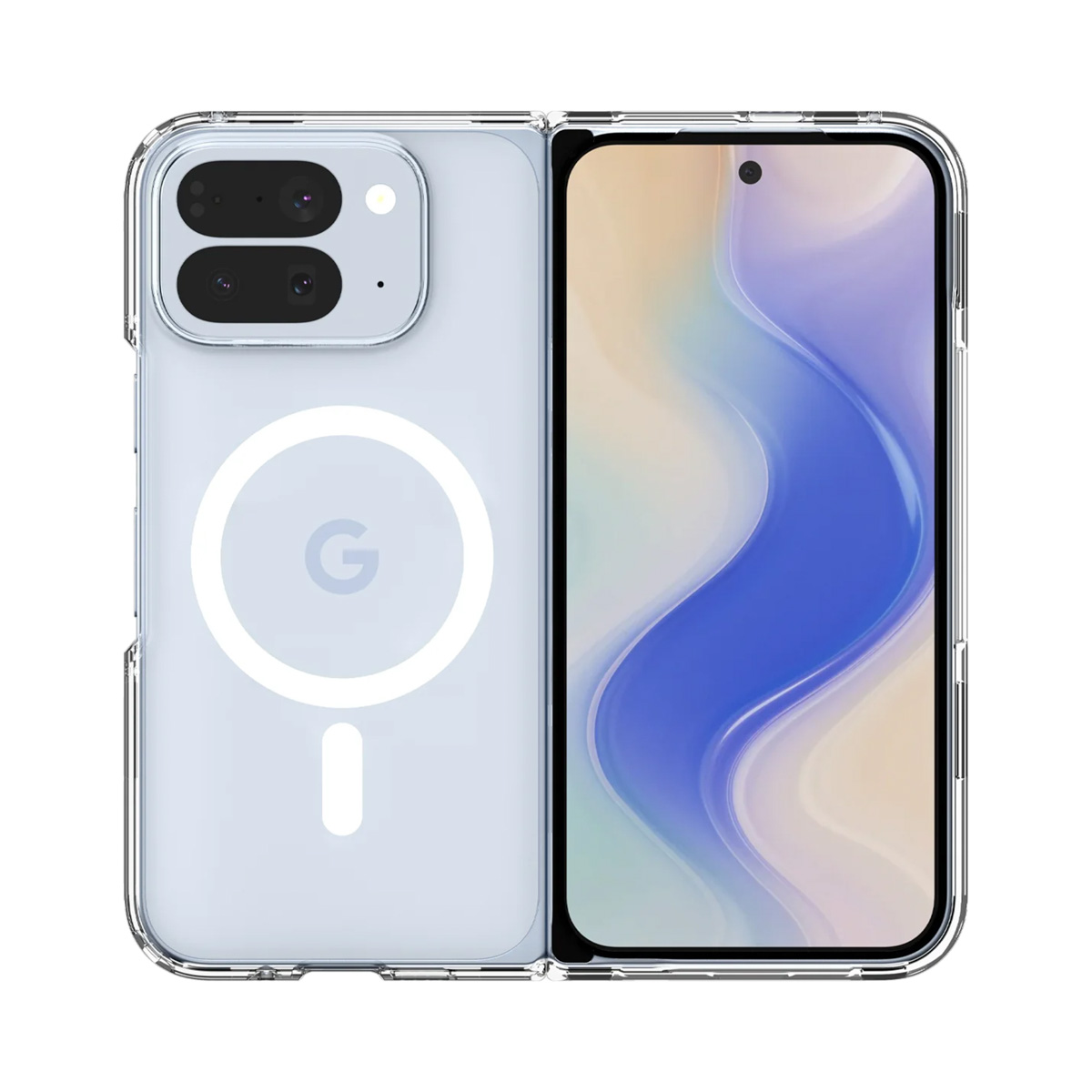 Een transparante telefoonhoes met een telefoon erin. De telefoon heeft twee camera's, een Google logo en een scherm.