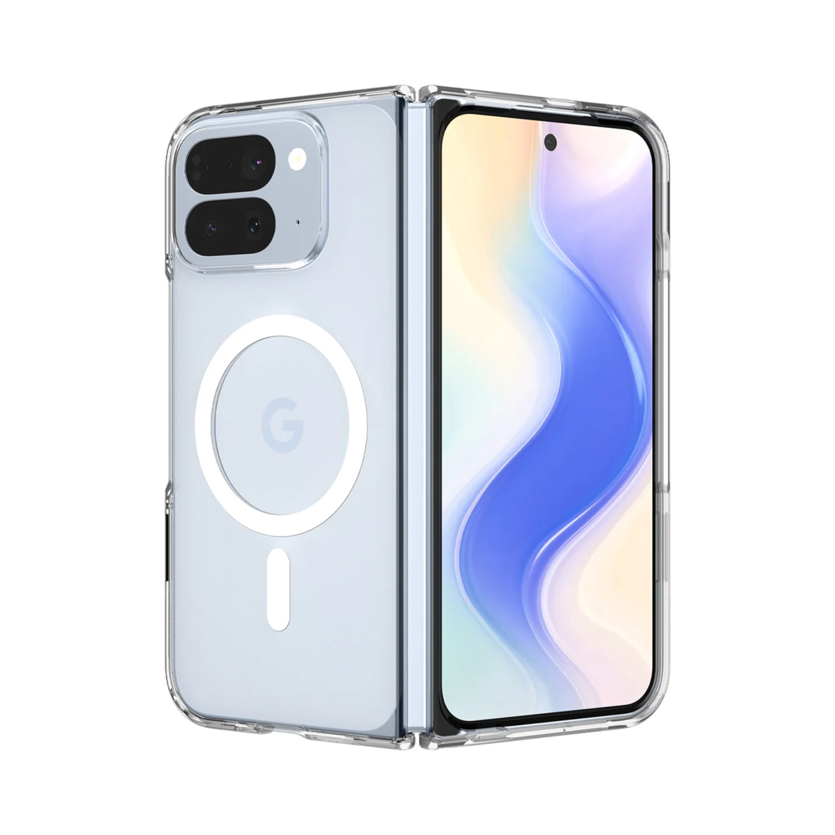 Opvouwbare telefoon in een doorzichtige hoes. De achterkant toont Google-logo. Het scherm toont een blauw en geel patroon.