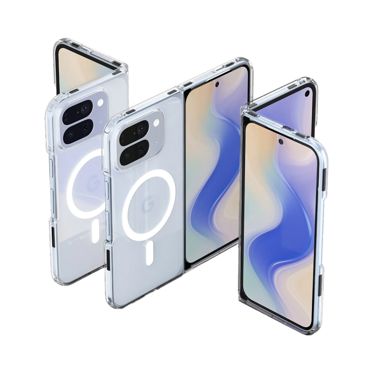 Vier smartphones in transparante hoesjes gerangschikt. Achterkanten tonen camera's en witte MagSafe ringen. Schermen tonen abstracte blauwe en beige ontwerpen.