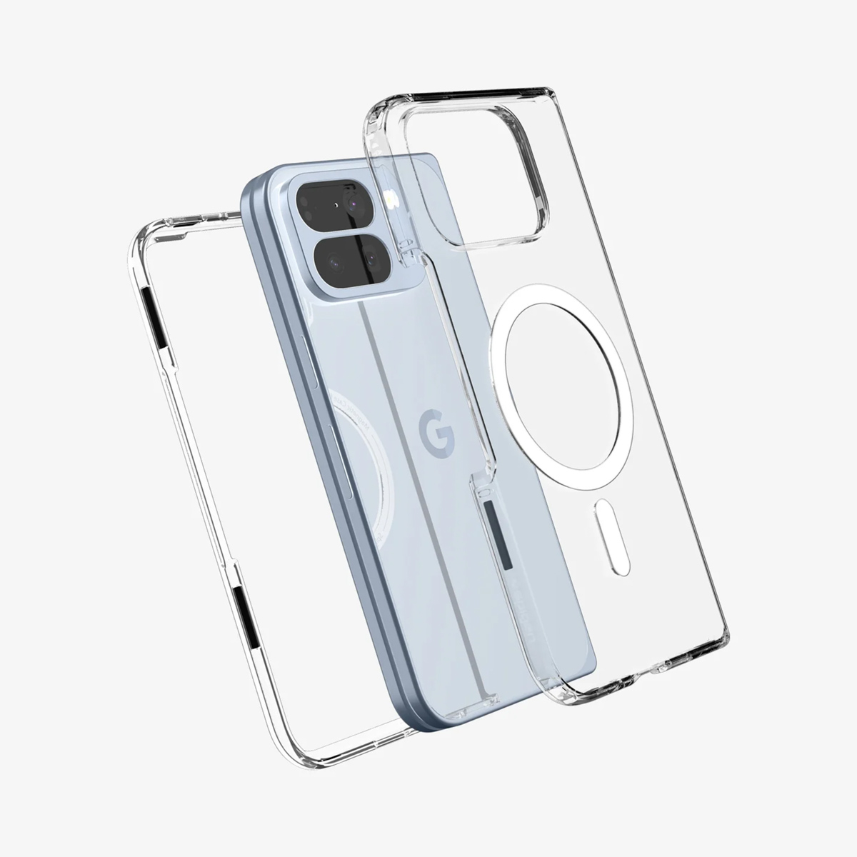 Een doorzichtige telefoonhoes met een telefoon erin. De telefoon is lichtblauw met zwarte camera's en een wit 'G'-logo. De hoes heeft een magnetische ring.