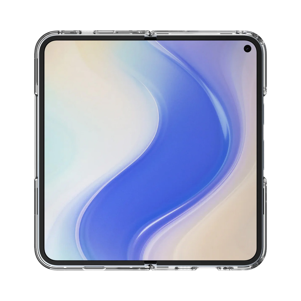 Een smartphone in een doorzichtige hoes. Het scherm toont een blauw-wit abstract ontwerp.
