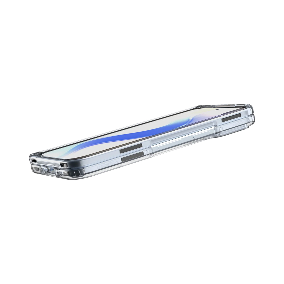 Transparante telefoonhoes. Het scherm toont een blauwe lijn. De achtergrond is wit.
