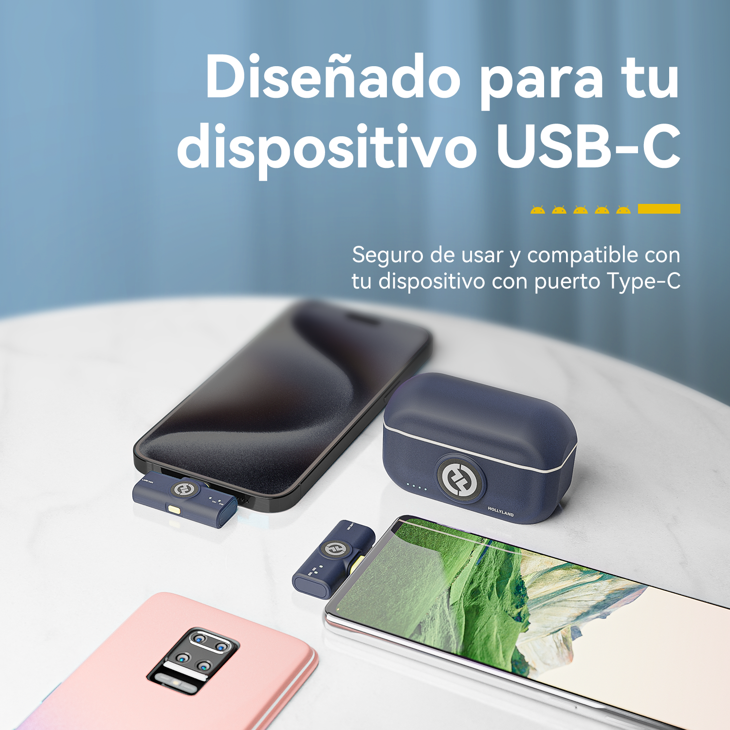 Imagen muestra teléfonos, una funda y pequeños dispositivos. El texto dice que está diseñado para dispositivos USB-C, seguro y compatible.