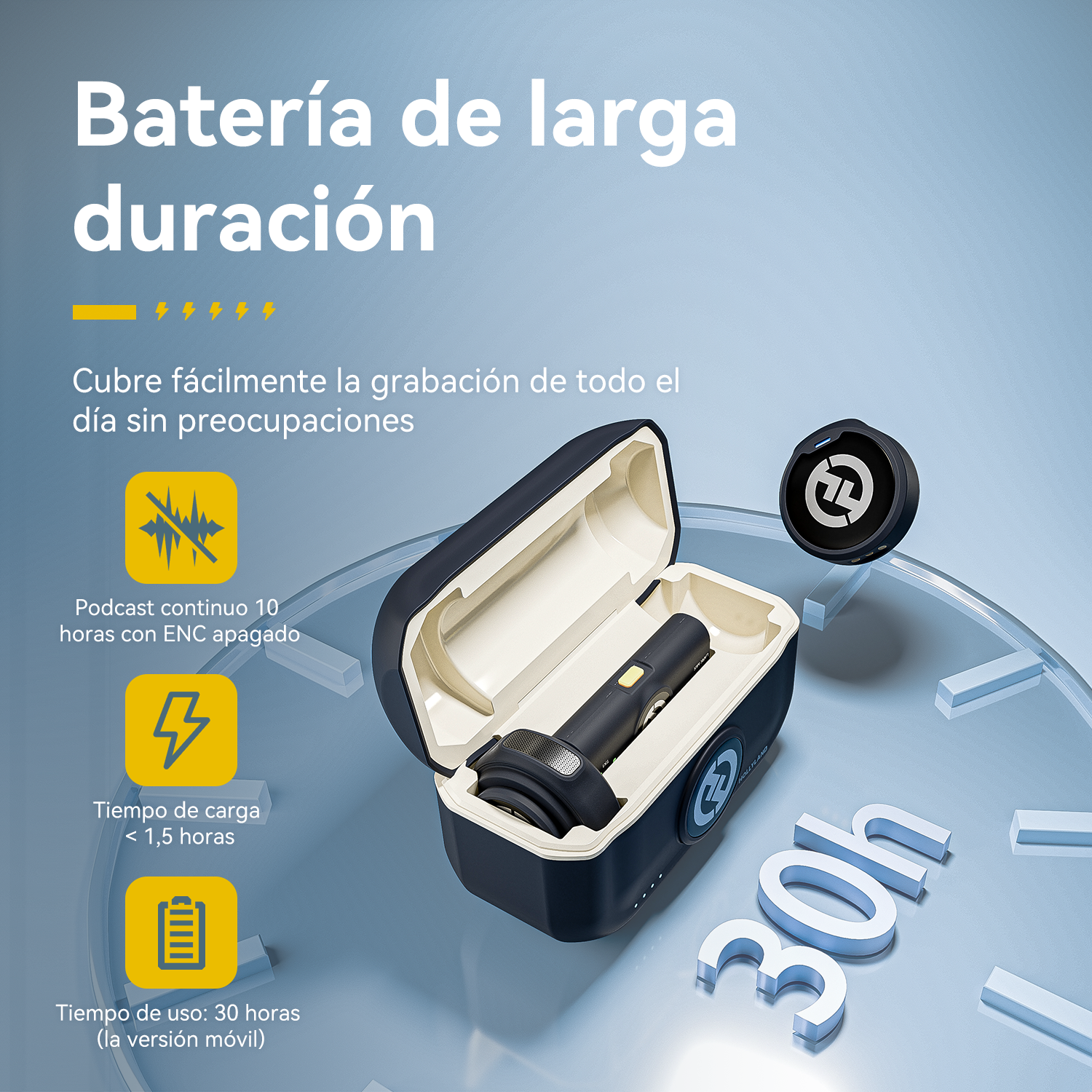 La imagen muestra un producto con batería de larga duración. El texto destaca características como 30 horas de uso, 1,5 horas de carga y 10 horas de podcast.
