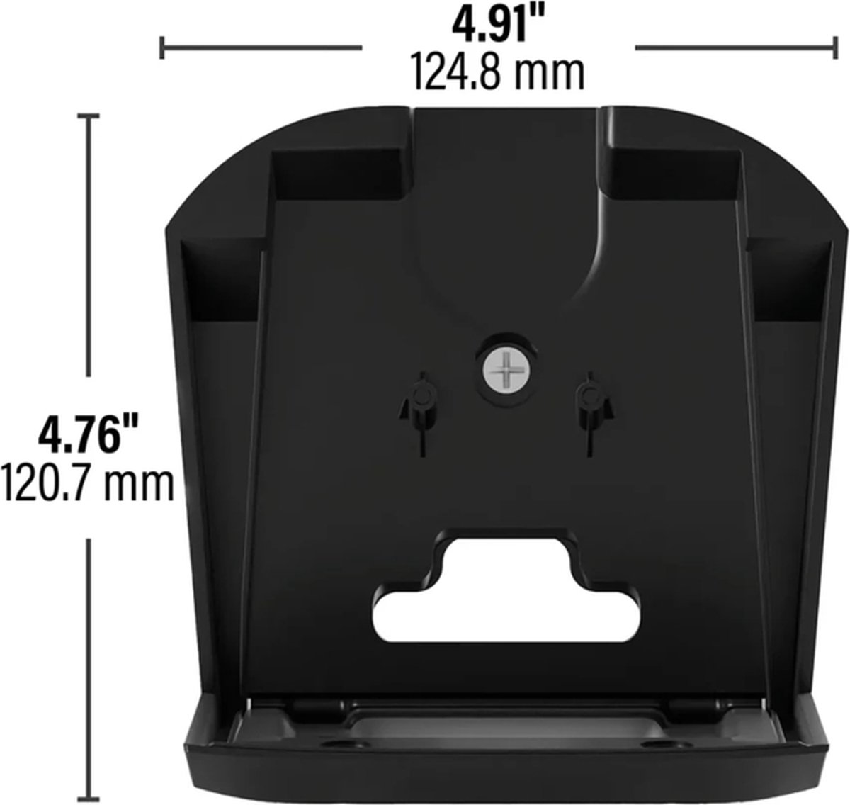 Een zwart plastic apparaat met afmetingen. Het heeft een gebogen bovenkant, een centraal gat en twee zijvakken.