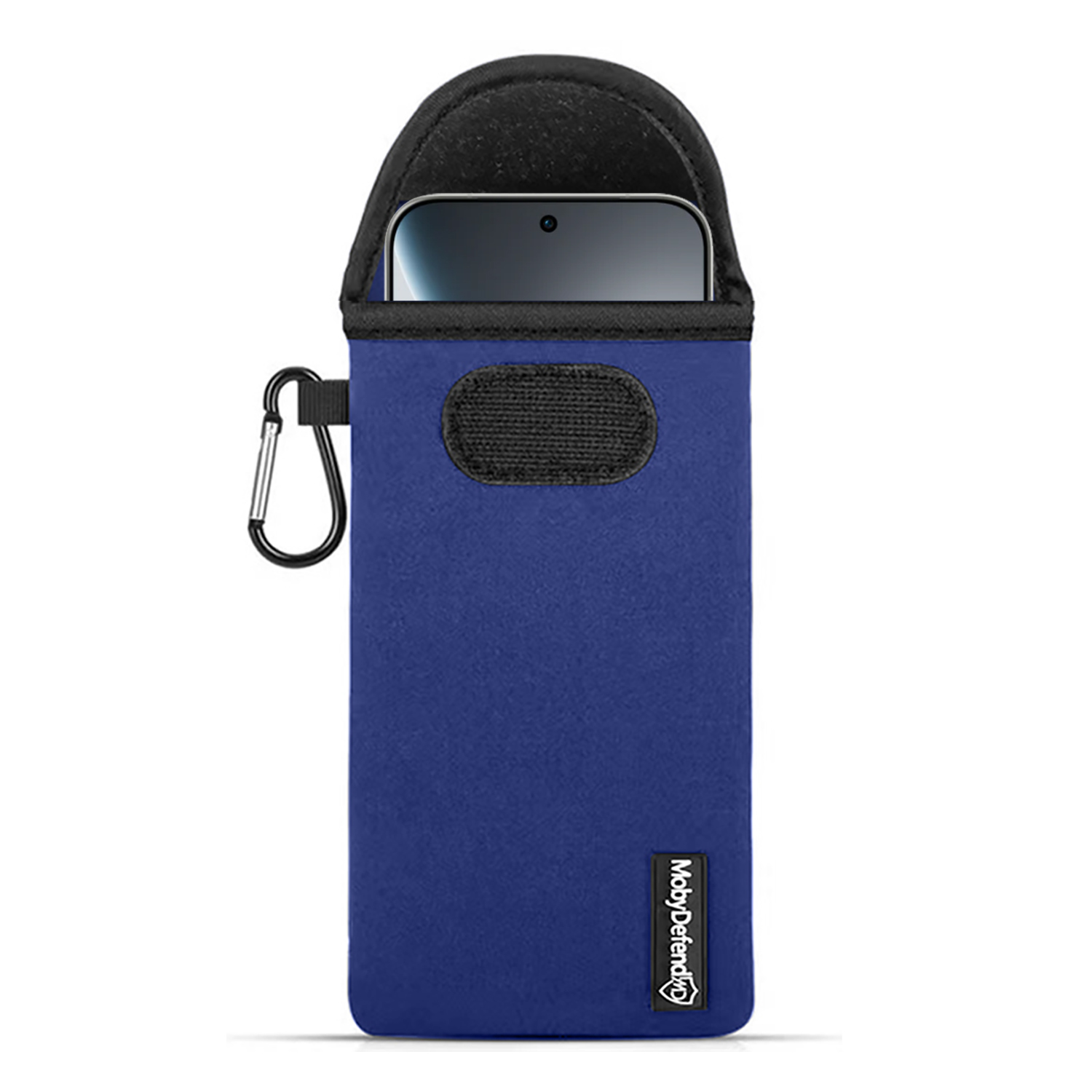 Un étui de téléphone bleu avec un haut noir et un clip argenté, contenant un téléphone. La marque est visible en bas.