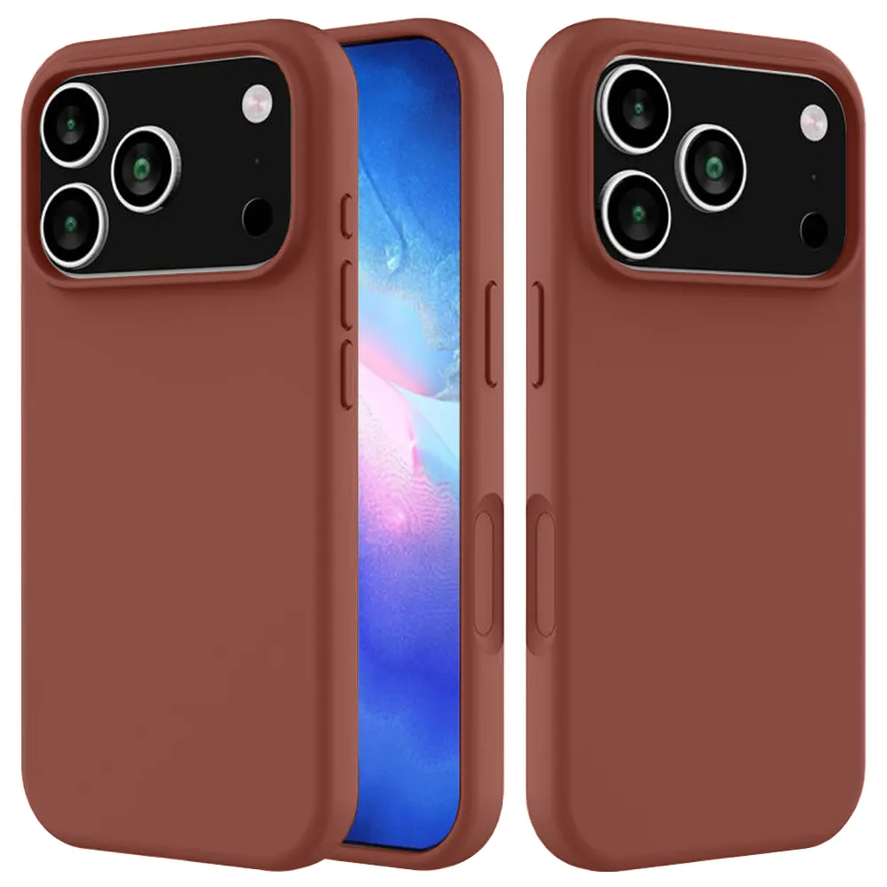 Drie bruine telefoonhoesjes, één open met een blauw scherm. Elke hoes heeft cameralenzen en een flitser. De achtergrond is wit.