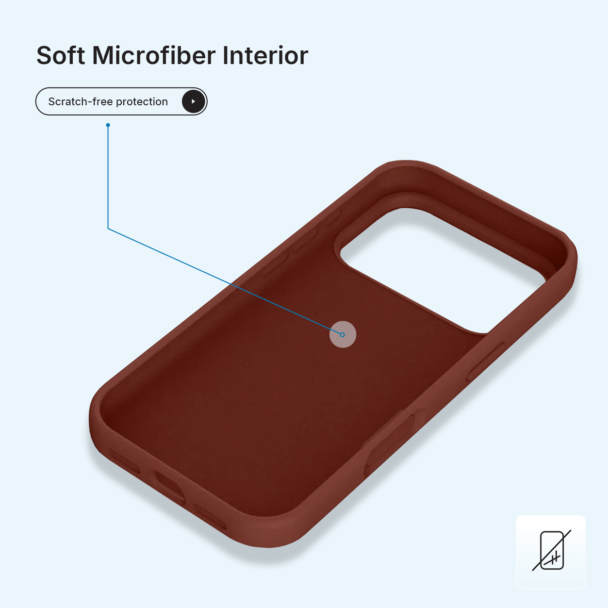 Een bruine telefoonhoes met een zacht interieur. Tekst luidt 'Soft Microfiber Interior' en 'Scratch-free protection'.