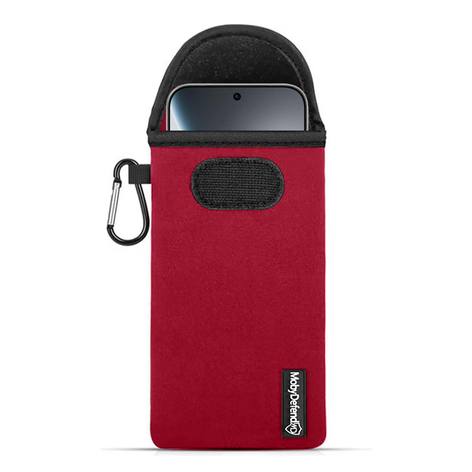 Une housse de téléphone rouge avec un dessus noir et un téléphone à l'intérieur. Il y a un mousqueton noir sur le côté gauche.