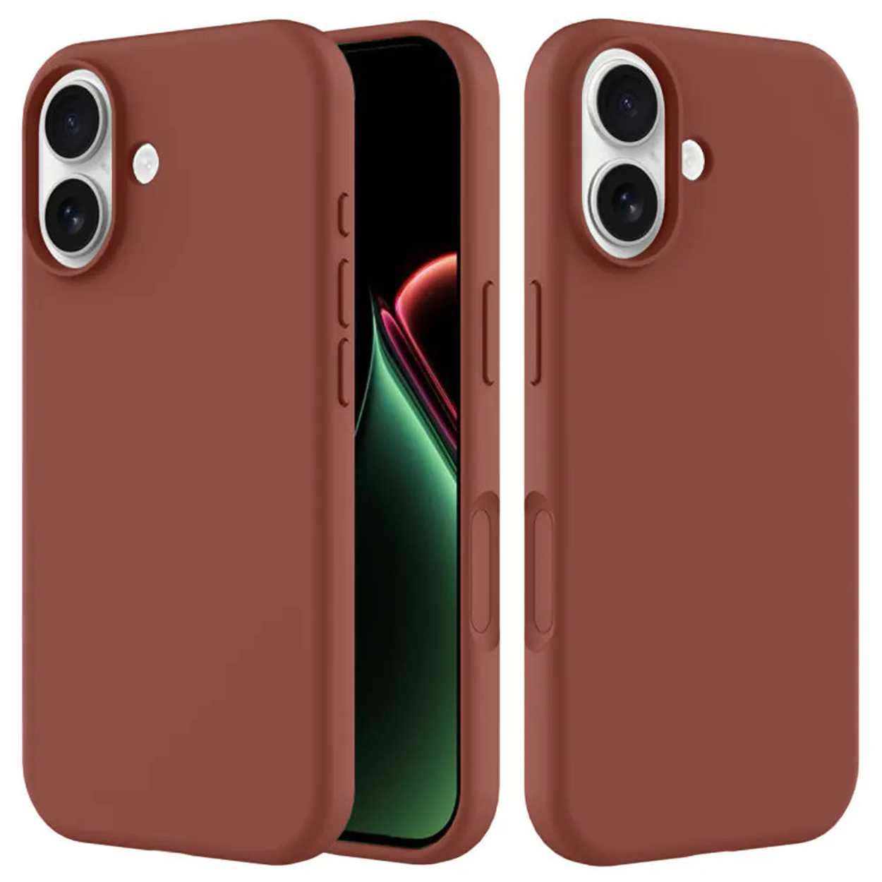 Drie terracotta telefoonhoesjes. Eén open, met een scherm met groen en rood. De andere twee tonen de achterkant met camera.