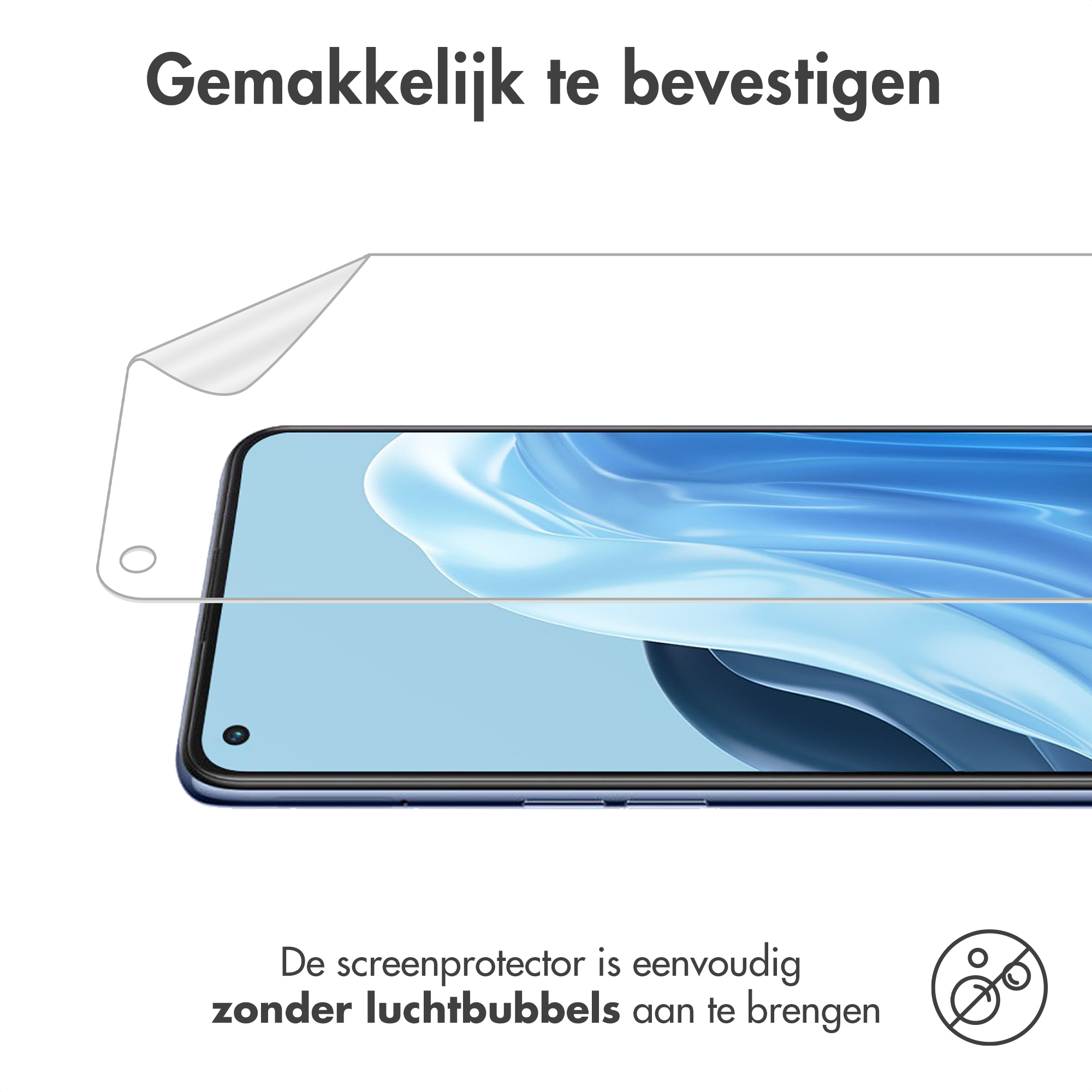 A phone with a screen protector being applied. Text says 'Easy to apply'. The protector is bubble-free.