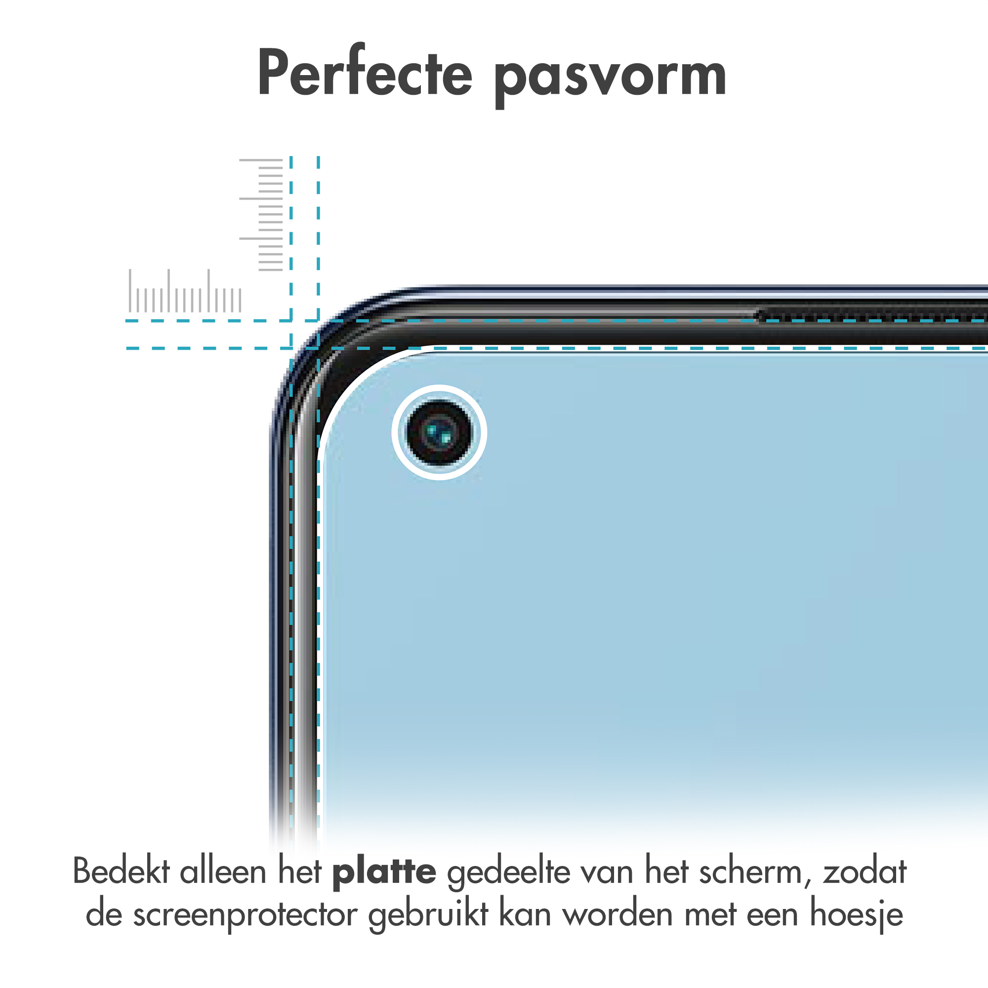 A phone screen corner shows a screen protector's precise fit. Text reads, 'Perfect fit' and descriptive text below.