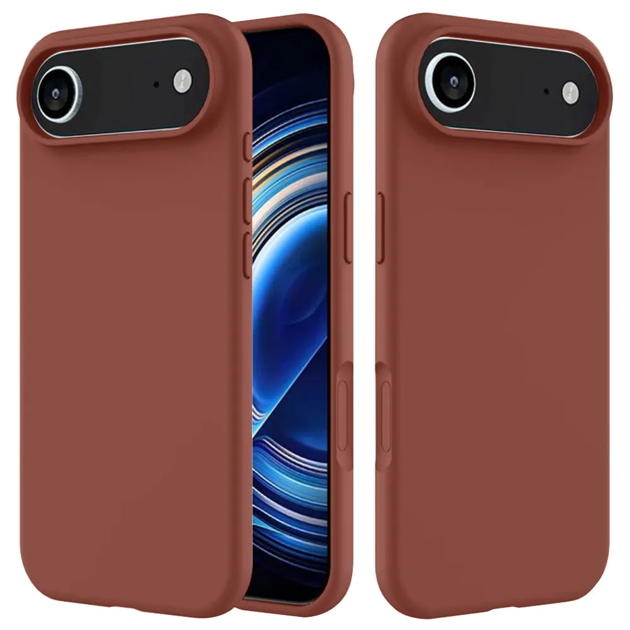 Trois étuis de téléphone terracotta. Un ouvert, révélant un écran bleu. Les autres fermés, avec des découpes pour l'appareil photo et le flash.