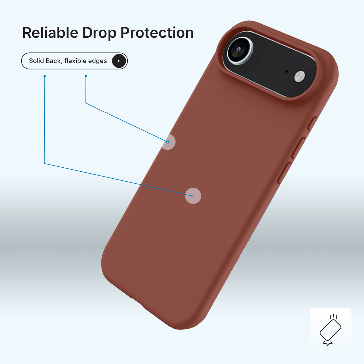 Une coque de téléphone marron sur fond bleu clair. Texte : 'Protection fiable contre les chutes'. Flèches pointent vers les bords.